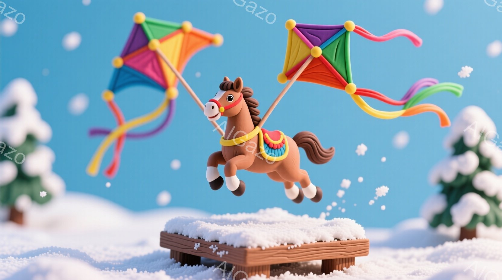茶色い馬が雪景色の中、木製の台の上に飛び上がっている様子が描かれています。馬には赤と黄色の鞍がつけられ、カラフルなリボンが風になびいています。背景には雪に覆われた松の木があり、雪片が舞い散る冬の幻想的 - AI生成フリー素材