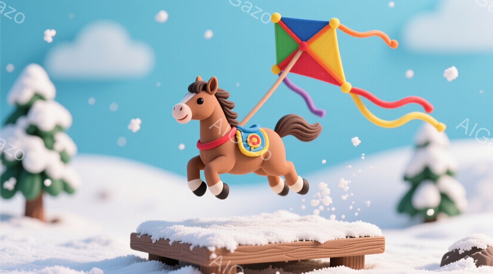雪景色の中で、茶色の馬が木製の台から飛び降りる様子が描かれています。馬はカラフルな凧を引いており、雪が舞う冬の景色の中で楽しそうに走り出そうとしています。背景には雪をまとった木々があり、全体的に暖かく - AI生成フリー素材