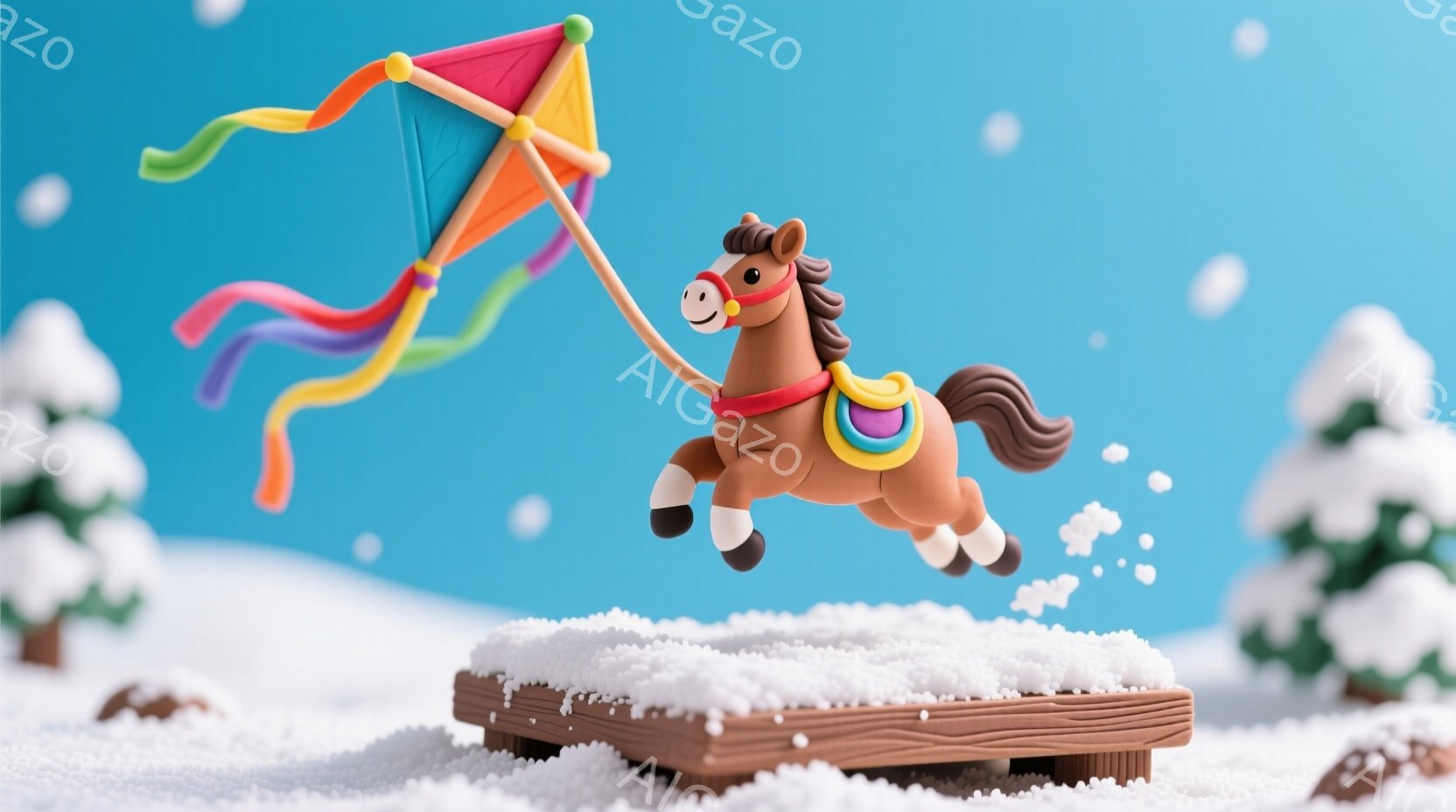 茶色い馬が、雪の積もった木の台の上を跳ねて走っている。馬の背中にはカラフルな凧が取り付けられており、凧の尾が風になびいている。背景は雪景色で、遠くには雪をまとった木々が見え、全体的に明るく楽しい雰囲気 - AI生成フリー素材