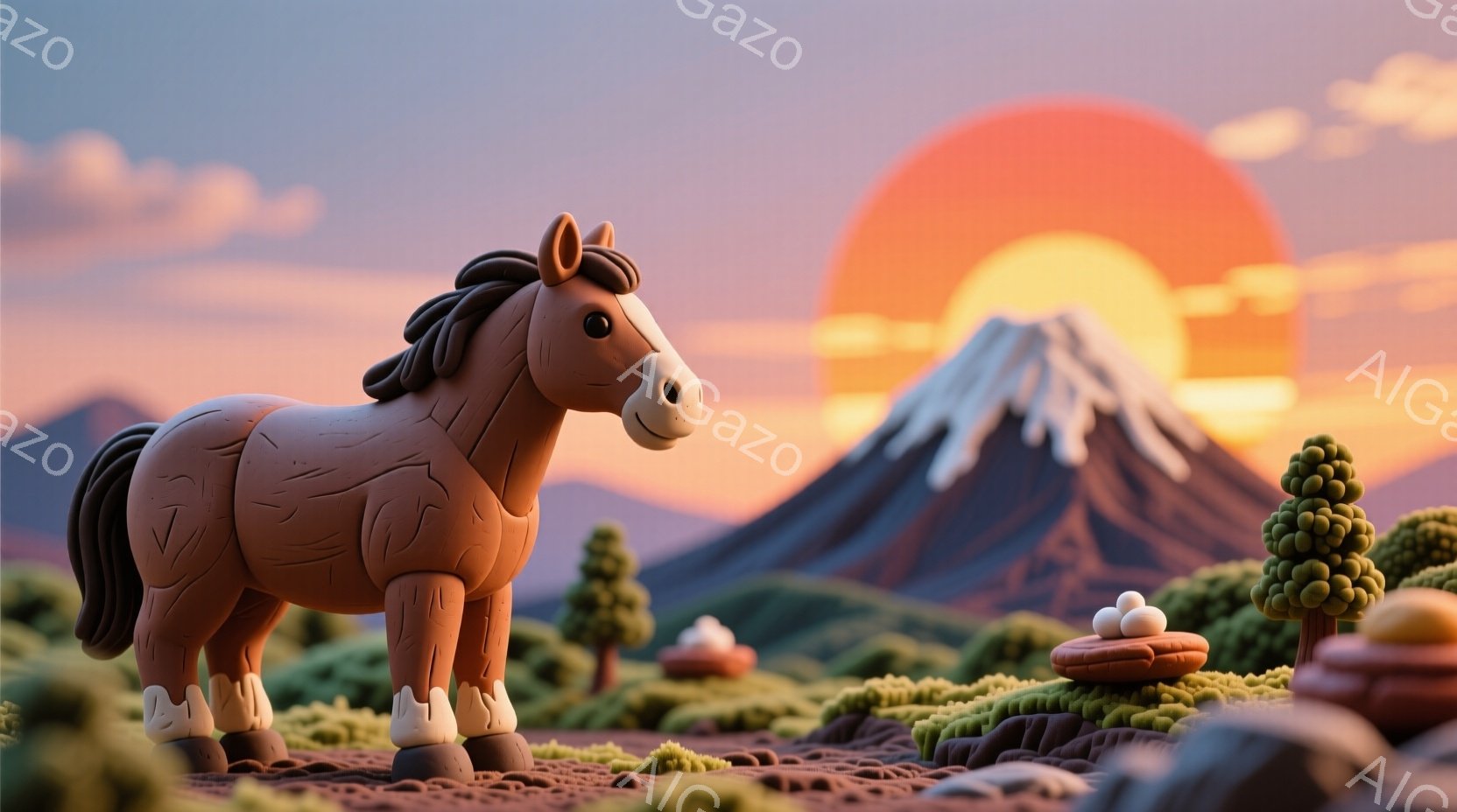 茶色の馬が緑色の苔のような地面に立っている。背景には、雪をかぶった富士山と夕焼けが広がり、暖かく穏やかな雰囲気を作り出している。可愛らしい木々や、卵が置かれた苔の台が点在し、牧歌的な風景を演出している - AI生成フリー素材
