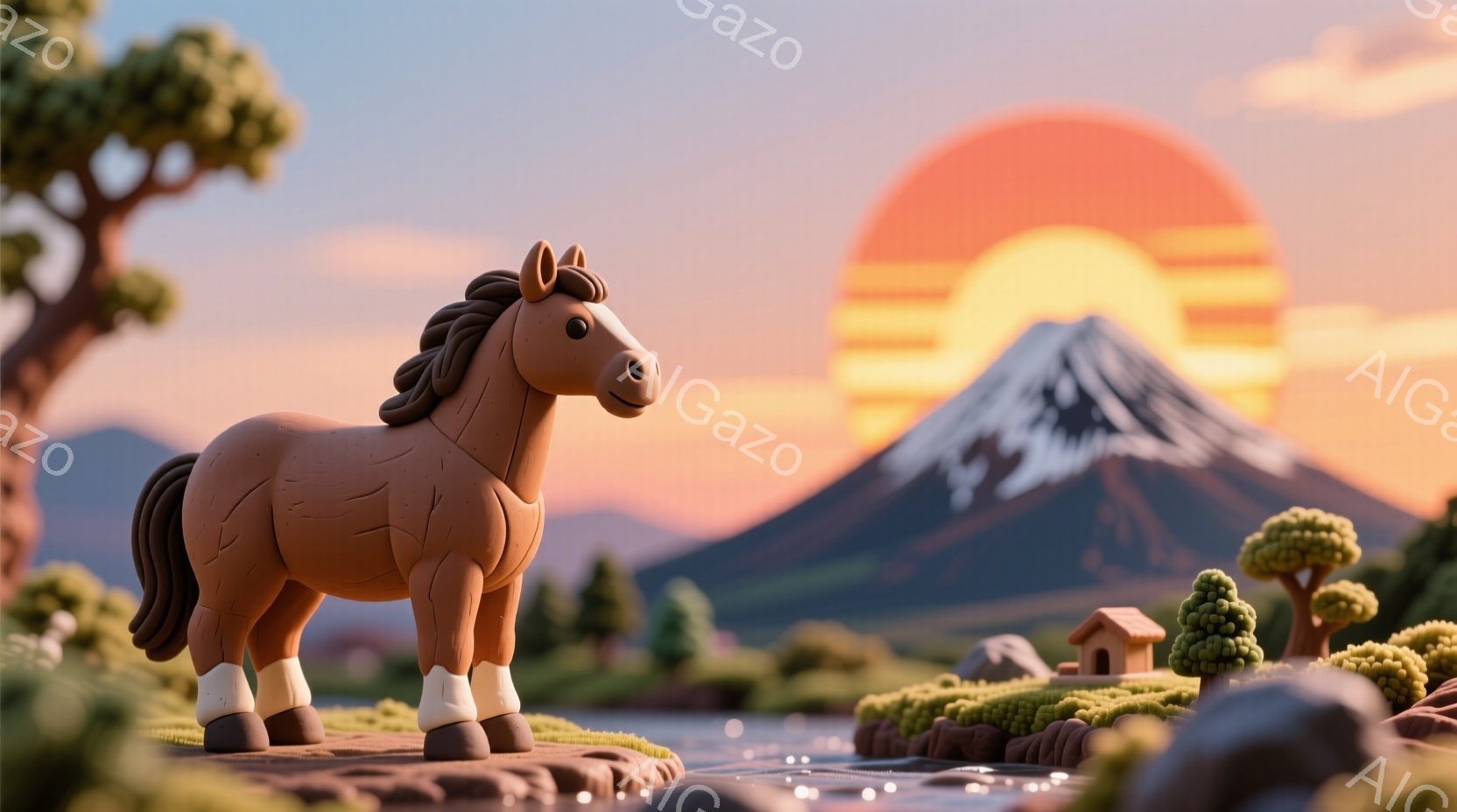 茶色の愛らしい馬が、富士山を背景にした牧歌的な風景の中に立っています。馬は穏やかな表情で、緑の草地と小川のそばに静かにたたずんでいます。背景には、雪をかぶった富士山と、小さな家や木々が見え、夕焼けのよ - AI生成フリー素材