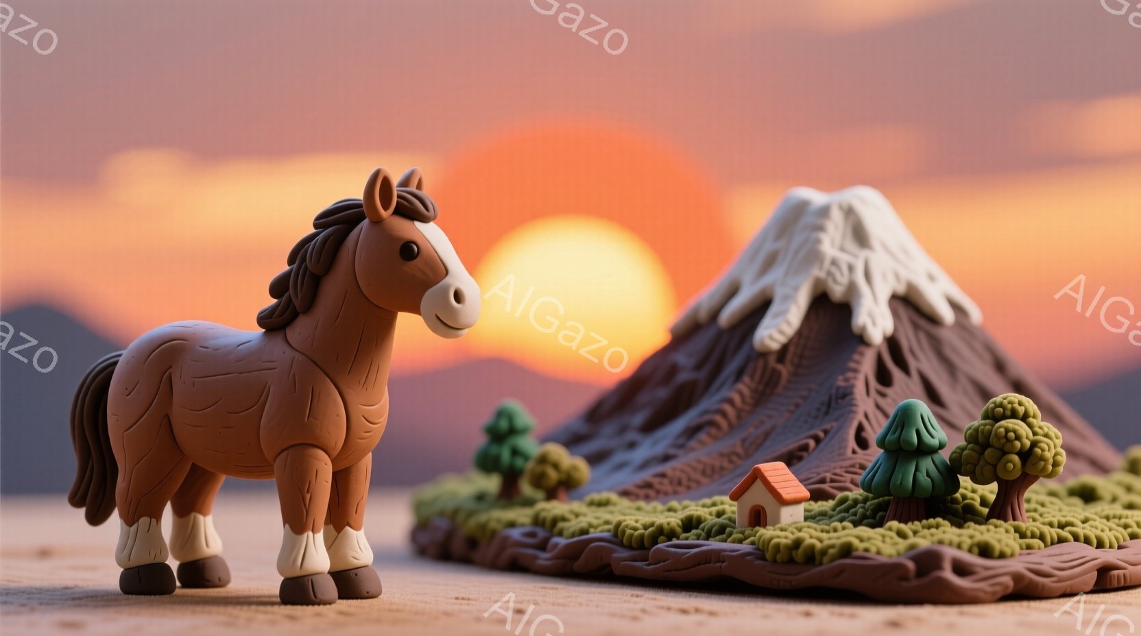 粘土で作られたような茶色の馬が、夕焼けを背景に立っています。背景には、雪をかぶった富士山、小さな家、緑色の木々が配置され、手作りの温かみのある風景が広がっています。空はオレンジと赤のグラデーションで、 - AI生成フリー素材