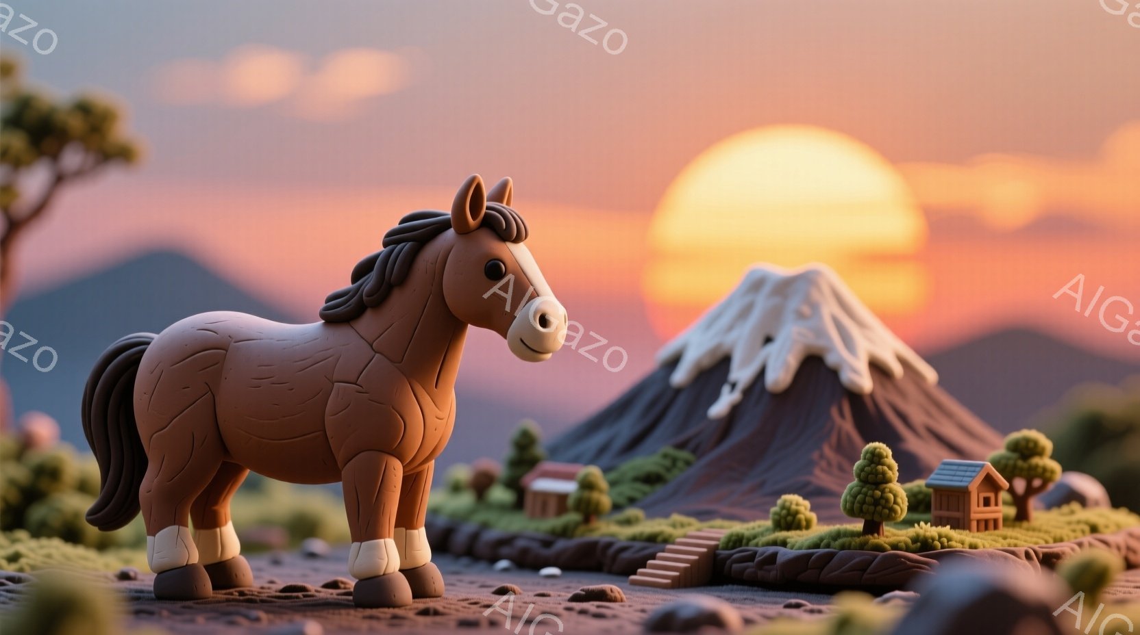 茶色い馬が、富士山を背景に立っているジオラマの様子だ。背景には、雪を頂いた富士山と、数件の小さな家々、そして緑の木々が生い茂っている。空は夕焼けの色合いで、暖かく穏やかな雰囲気を醸し出している。