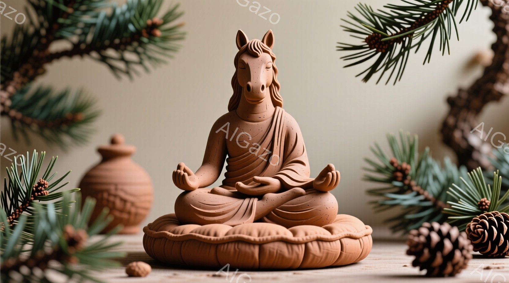 赤茶色の仏像が、円形のクッションの上に座禅を組んでいます。その顔は馬の顔であり、ローブのような服を身に着けています。背景には松の葉や松ぼっくりが配置され、全体的に穏やかで静寂な雰囲気を醸し出しています。