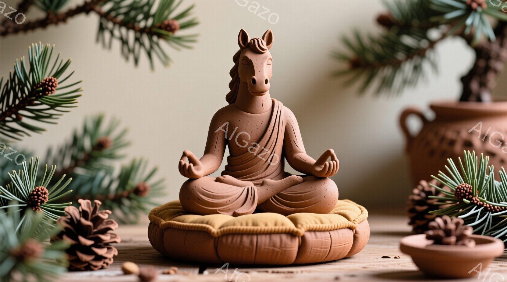 陶製の動物の像が、蓮の花のような座布団の上に座禅を組んでいる。像は馬の頭を持ち、仏教のローブのような衣服を着ており、穏やかな表情をしている。背景には、モミの枝や松ぼっくりが置かれ、暖かく落ち着いた雰囲 - AI生成フリー素材