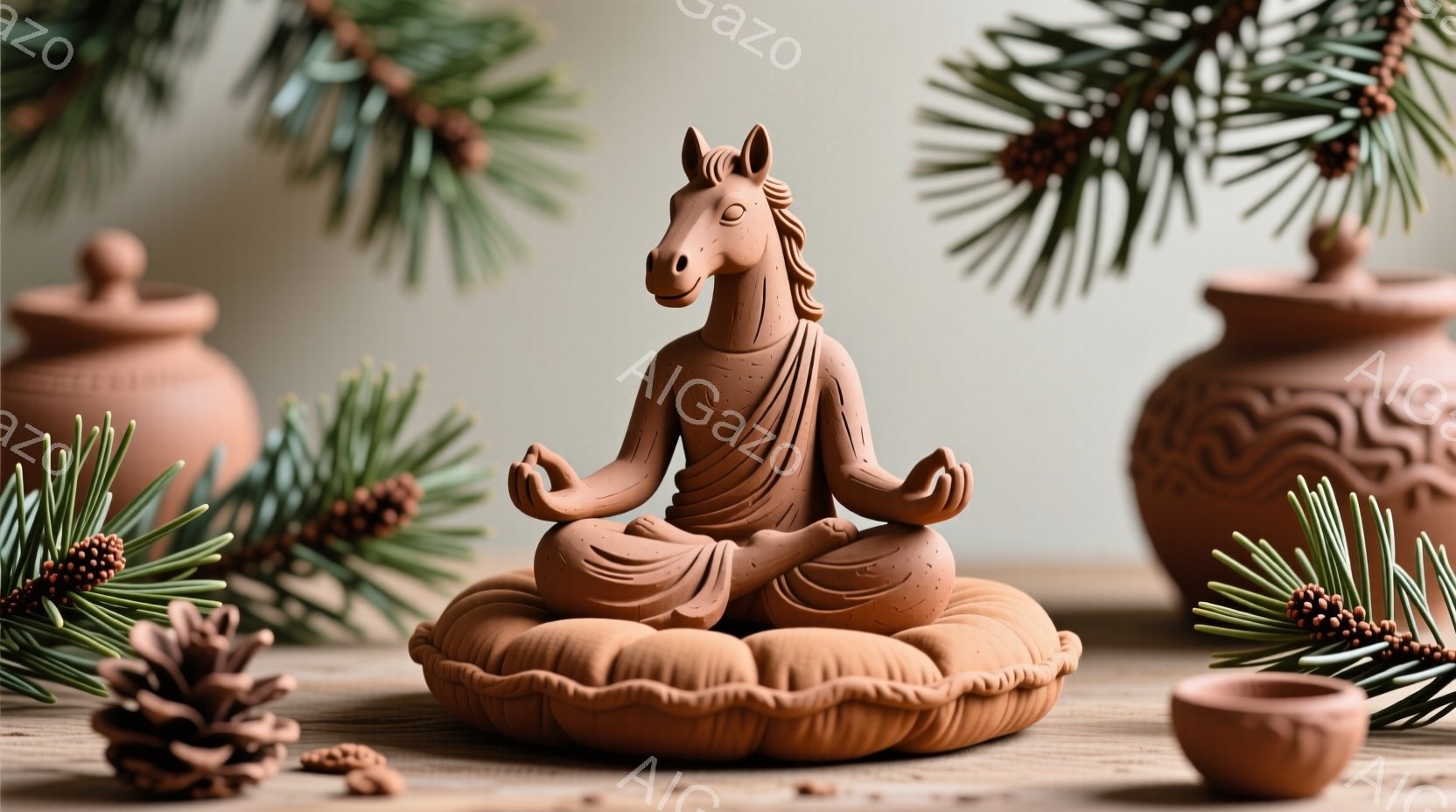 陶器製の馬の頭を持つ人物像が、円形のクッションの上に座禅を組んでいます。人物は簡素なローブのような服を着ており、表情は穏やかで瞑想に集中しています。背景には、装飾的な陶器の壺や松の葉、松ぼっくりが配置され、静かで落ち着いた雰囲気を醸し出しています。