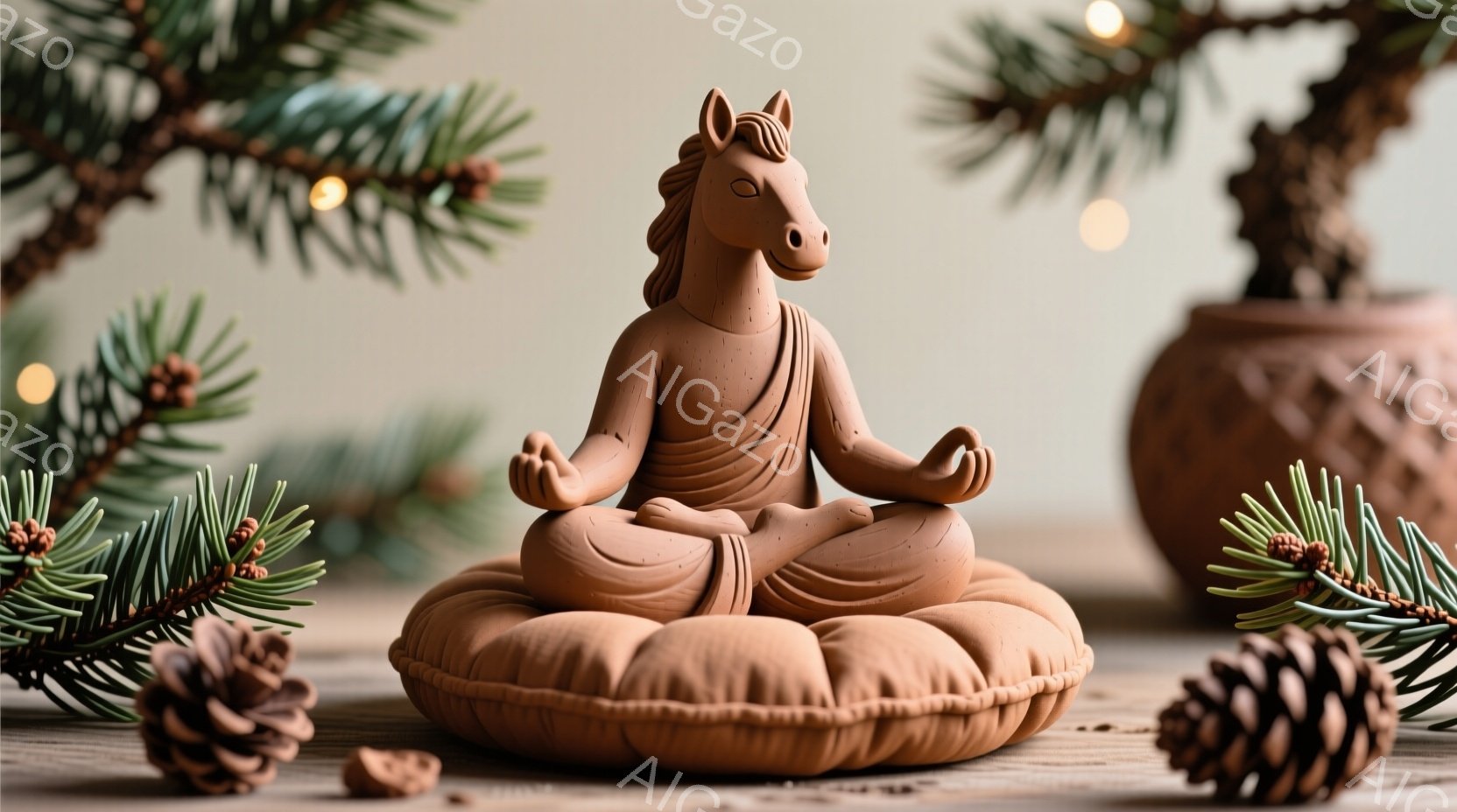 陶器製の仏陀のような姿をした馬の像が、丸いクッションの上に座禅を組んでいます。背景には、モミの木の枝や松ぼっくりが配置され、暖かい光が差し込み、穏やかで瞑想的な雰囲気を醸し出しています。全体的に、自然と精神性が調和した静謐な情景が描かれています。