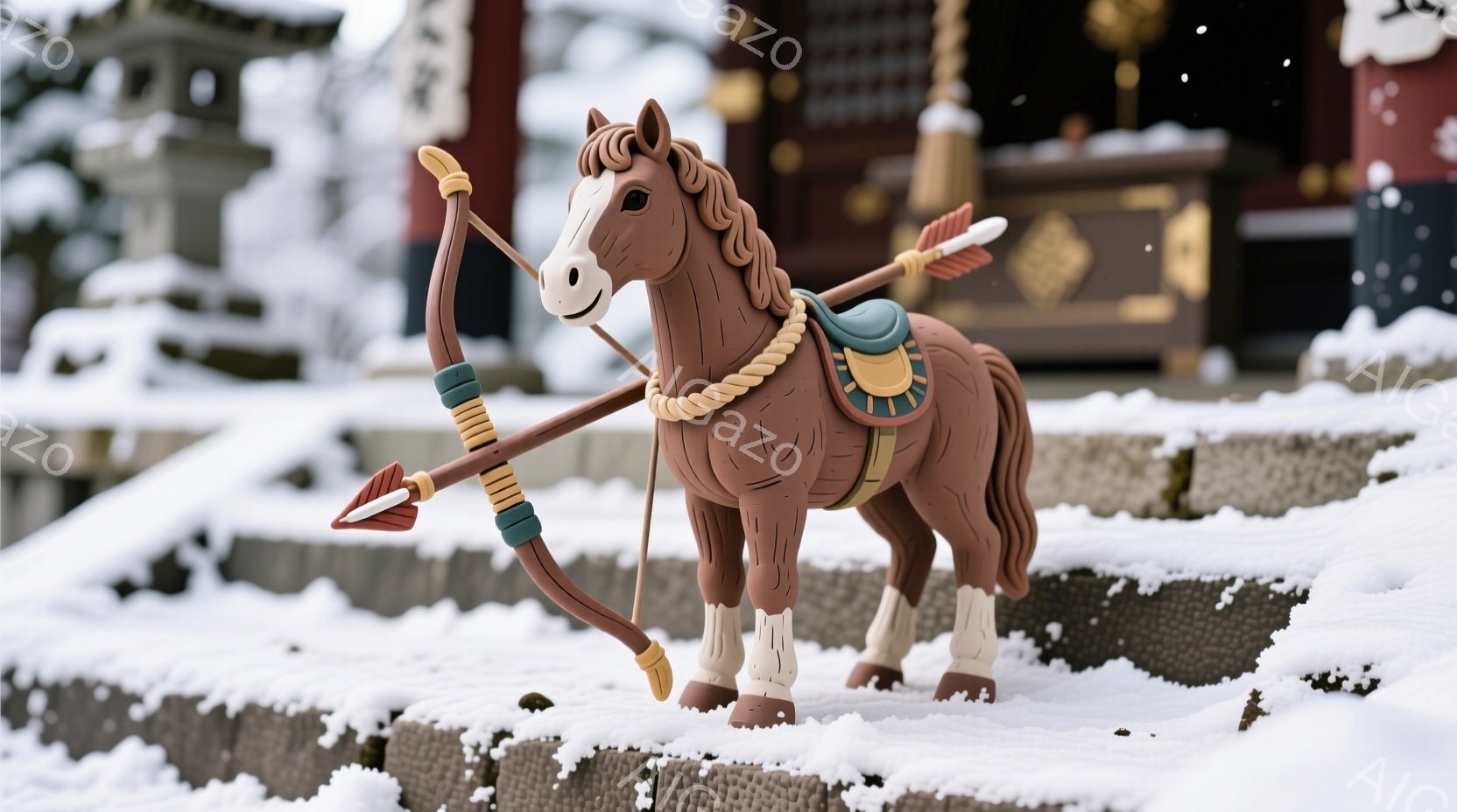 雪が降る石段の上に、装飾された弓と矢を背負った陶器製の馬が立っている。馬は茶色の体色で、赤い鞍と金色の蹄が特徴的で、穏やかな表情をしている。背景には、伝統的な日本の建物の一部が見え、厳かな冬の雰囲気が漂っている。