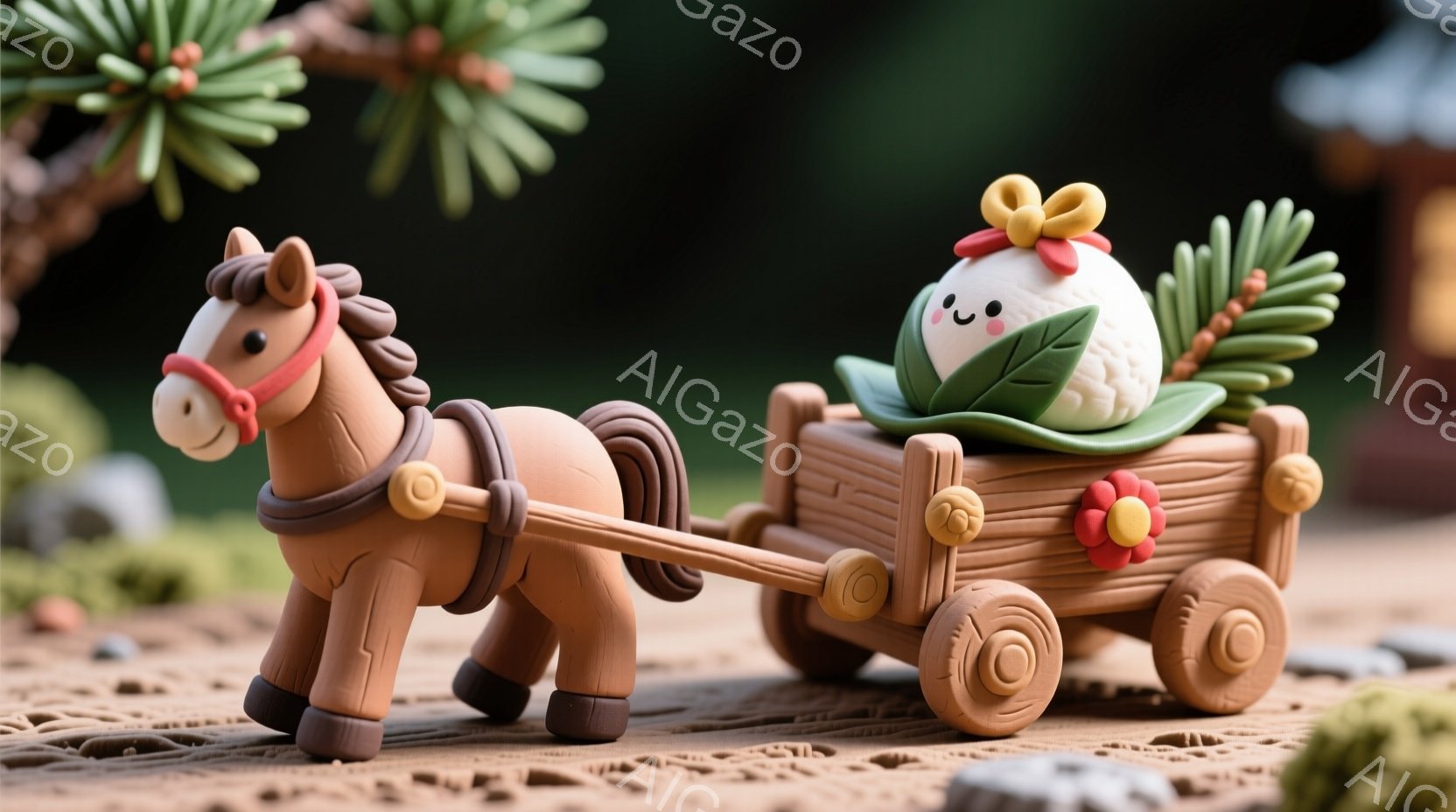 茶色い粘土のような馬が、小さな木製の荷車を引いています。荷車には、可愛らしい包み（おそらくお餅）が乗っており、緑色の葉と赤い花で飾られています。背景には木製のテクスチャと、ぼやけた緑の植物が見え、穏やかで牧歌的な雰囲気が漂っています。
