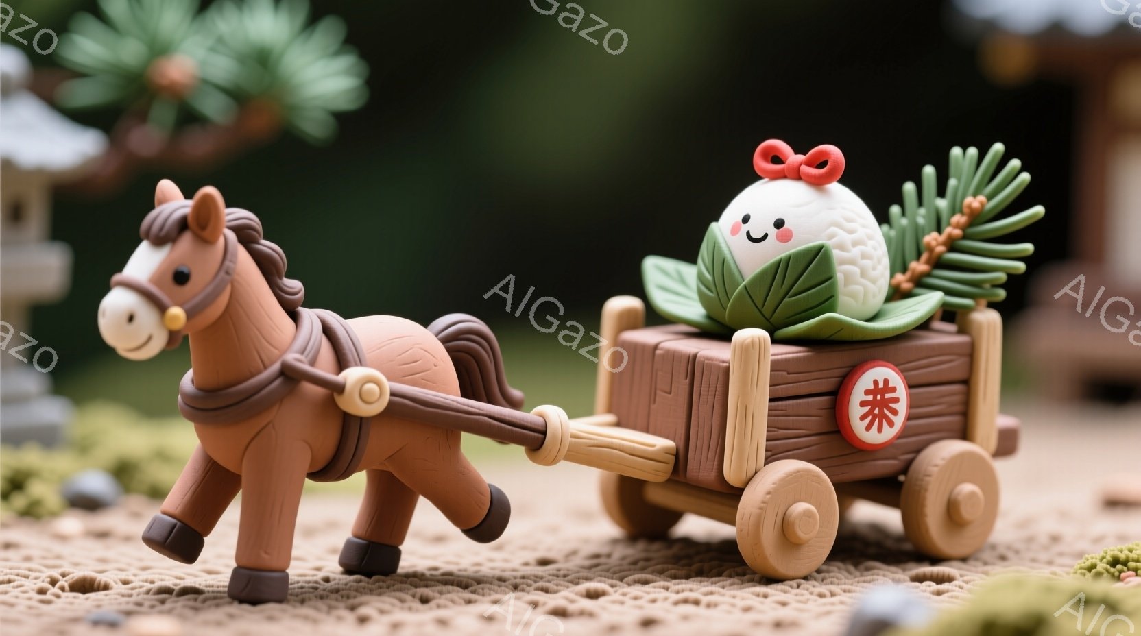 小さな粘土で作られた馬が、荷車を引いています。荷車には、緑の葉と赤い飾りをつけた、丸い雪だるまのようなキャラクターが乗っており、笑顔を見せています。背景には、自然の風景と石灯籠が見え、全体的に温かく、可愛らしい雰囲気です。