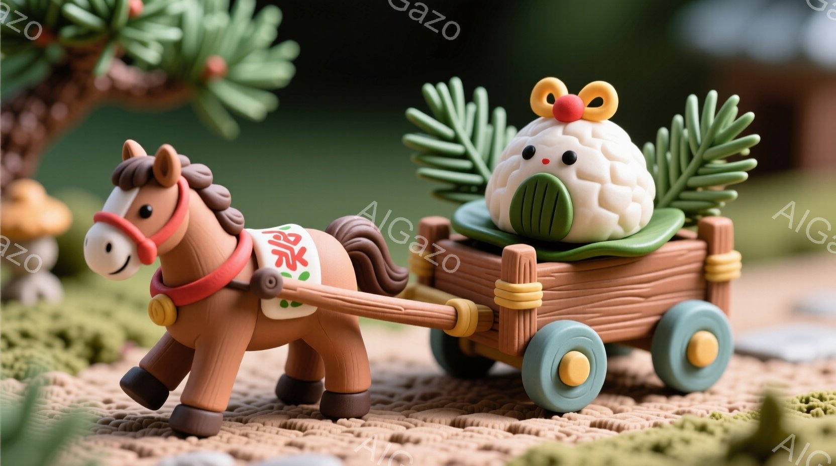 オレンジ色の小さな馬が、緑色の荷台を引いています。馬は赤い襷（たすき）をかけており、荷台には大きな白い団子と緑の葉が載せられています。背景には、植物や小さな建物が見え、全体的に温かくて可愛らしい雰囲気です。