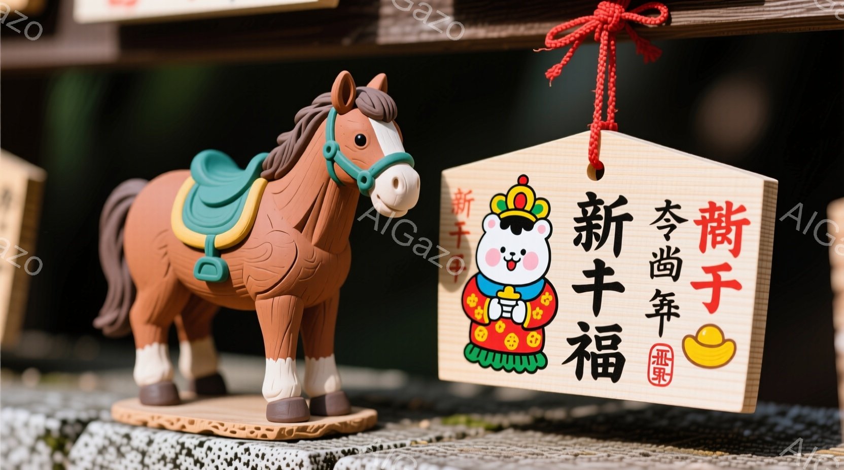 鮮やかな朱色の木彫りの馬が、石畳の上に置かれています。馬は鞍を背負い、穏やかな表情で正面を見つめており、その隣には「縁起の良い」と書かれた木札が、赤い組紐で吊るされています。背景はぼやけていますが、石 - AI生成フリー素材