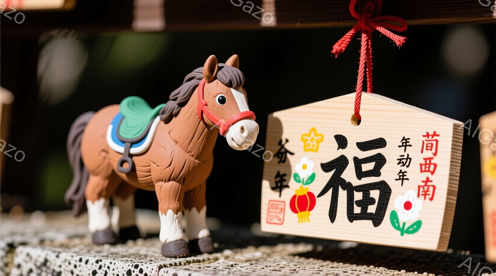 茶色い陶器製の馬が、鞍を背負い、正面を見据えています。背景には木製の奉納板があり、「令和」と書かれた文字と、赤い提灯、梅の絵が描かれています。全体的に暖かく、日本の伝統的なお祭りや行事を連想させる雰囲気です。