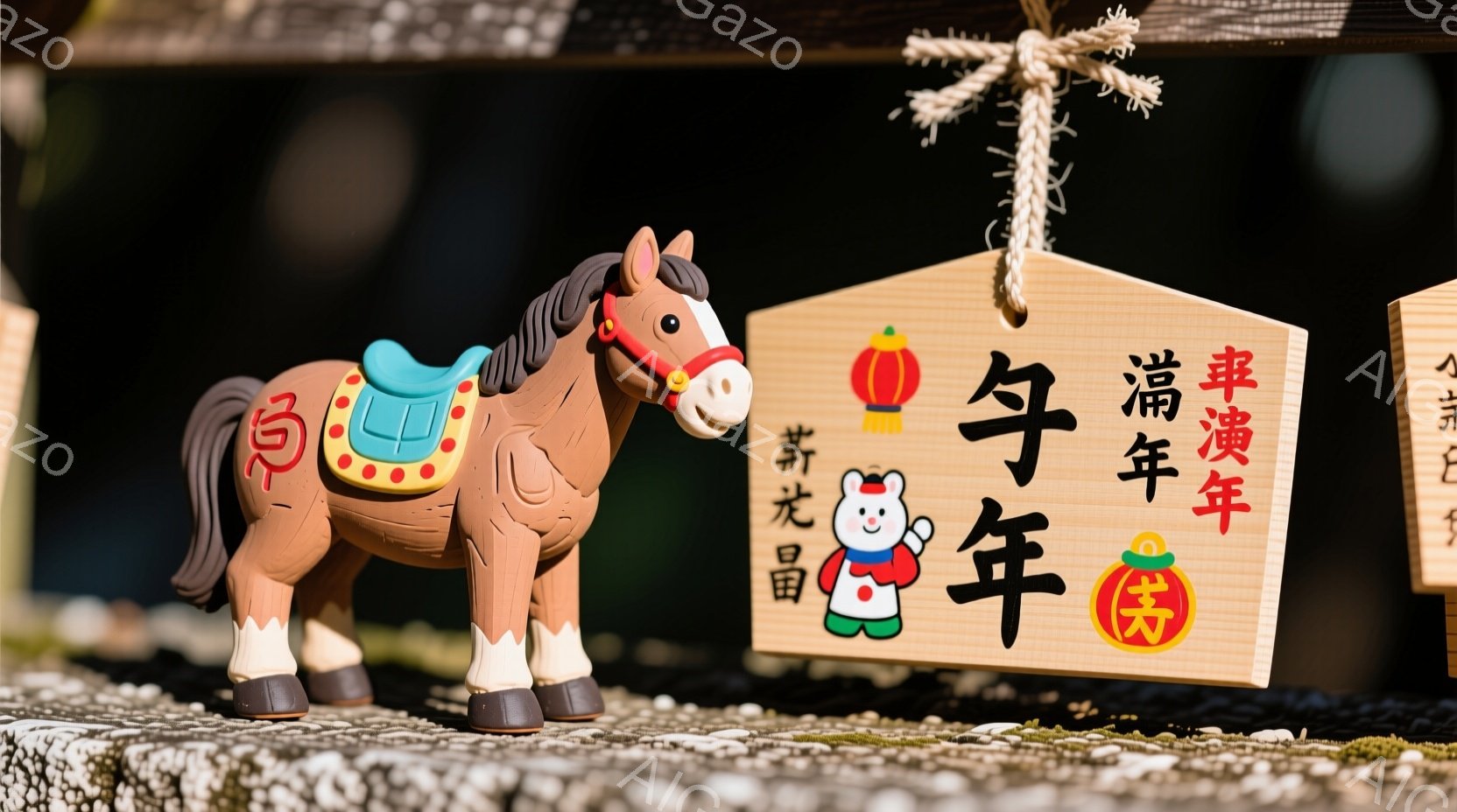 木彫りの馬が、赤い鞍を背負い、白い靴を履いて立っている。背景には「令和5年」と書かれた木製の飾り板があり、可愛らしい犬の絵柄が描かれている。石畳の地面とぼやけた背景から、お祭りや縁日の賑やかな雰囲気が感じられる。