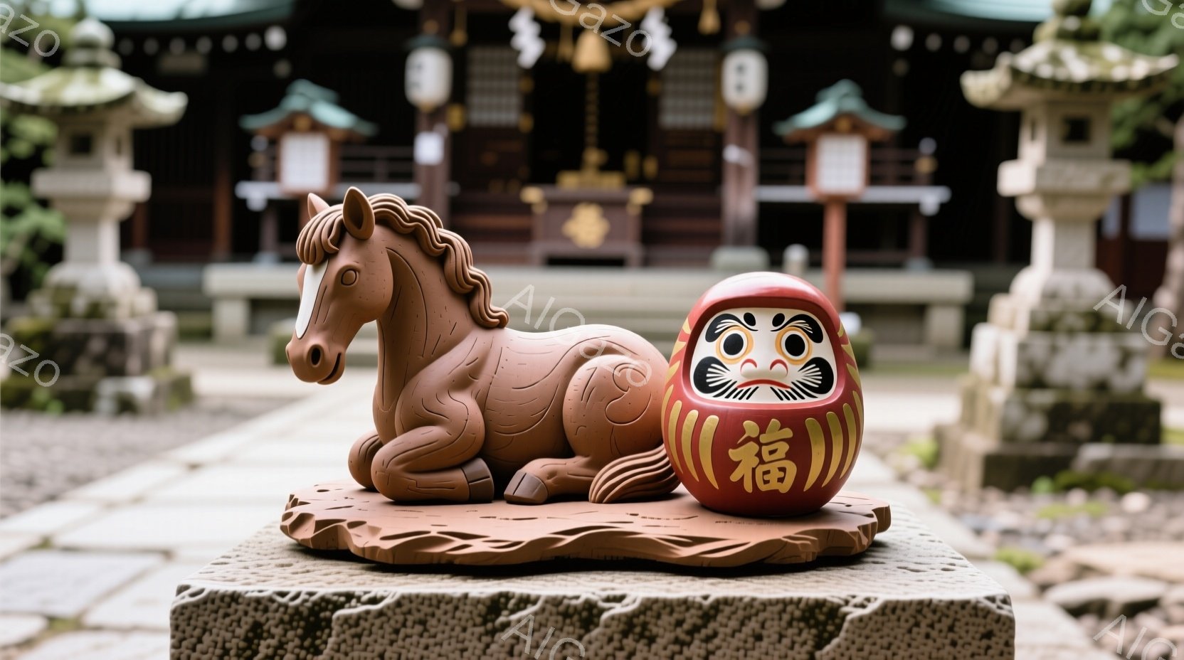 土製の馬の置物が、赤い招き猫の置物と共に、石の台座の上に置かれている。背景には、伝統的な日本の寺院建築が見え、苔むした石畳の道が続いている。全体的に落ち着いた雰囲気で、歴史と文化を感じさせる静かな情景である。