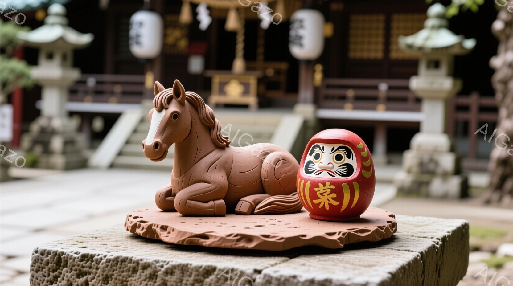 灰色の石の台座の上に、土製の馬の置物と赤い達磨の人形が並んでいます。背景には、屋根に緑色の瓦が並ぶ寺院の建物が見え、暖かく静かな雰囲気を醸し出しています。晴れた日の穏やかな光が、置物と寺院を照らし、日本の伝統的な美しさを際立たせています。