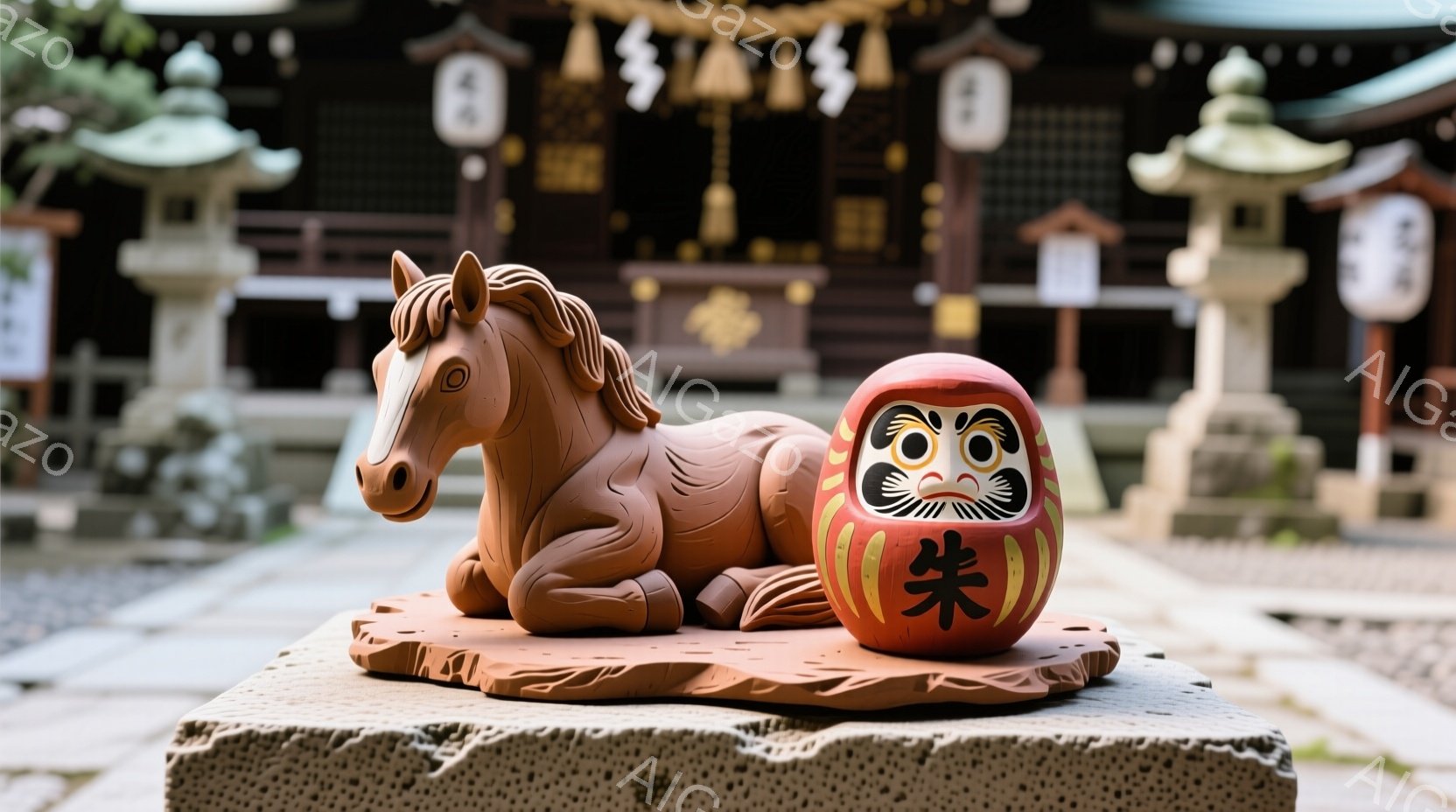 石の台の上に、陶器製の馬と招き猫が並んで置かれています。背景には、伝統的な日本建築の寺院が見え、緑豊かな木々が周囲を彩っています。全体的に、静かで穏やかな、祈りの場所を思わせる雰囲気です。