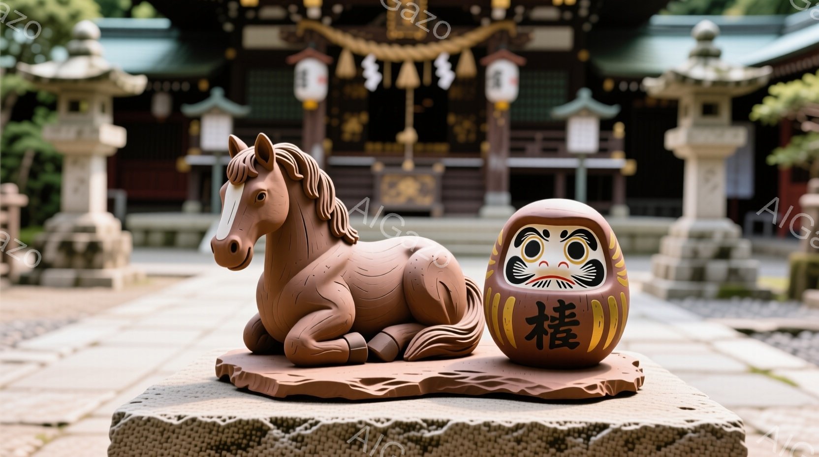 灰色石の上に茶色の陶器製の馬と招き猫が並んで置かれています。馬は横たわった姿勢で、招き猫は右手を上げています。背景には、赤い装飾が施された伝統的な日本の寺院が見え、緑豊かな木々が生い茂り、静かで穏やかな雰囲気が漂っています。