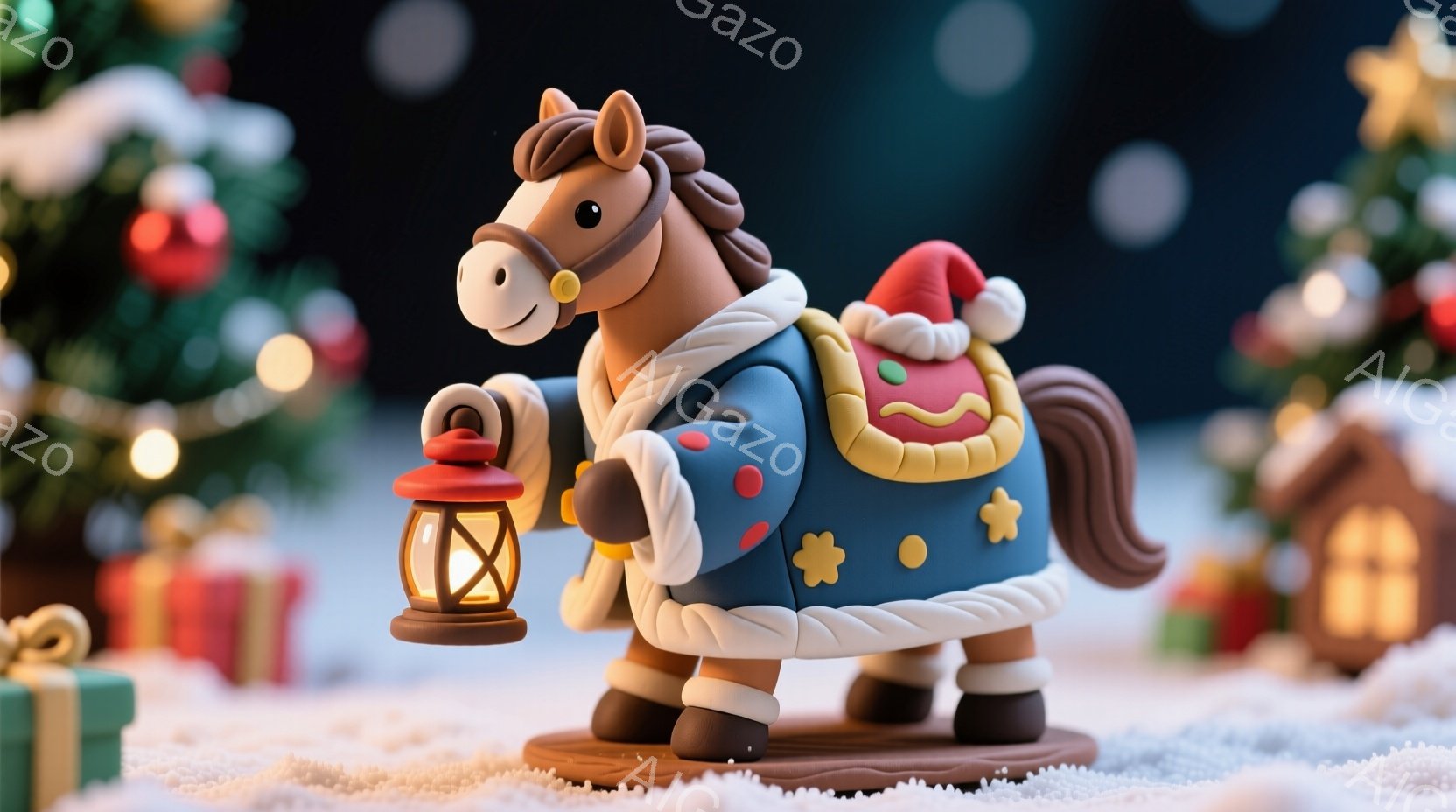 これは、クリスマスの背景で、ランタンを持った愛らしい馬のフィギュアです。馬は青いコートと白い襟で飾られ、赤い帽子とプレゼントが載った袋を背負っています。背景には雪景色、イルミネーションが輝くクリスマス - AI生成フリー素材