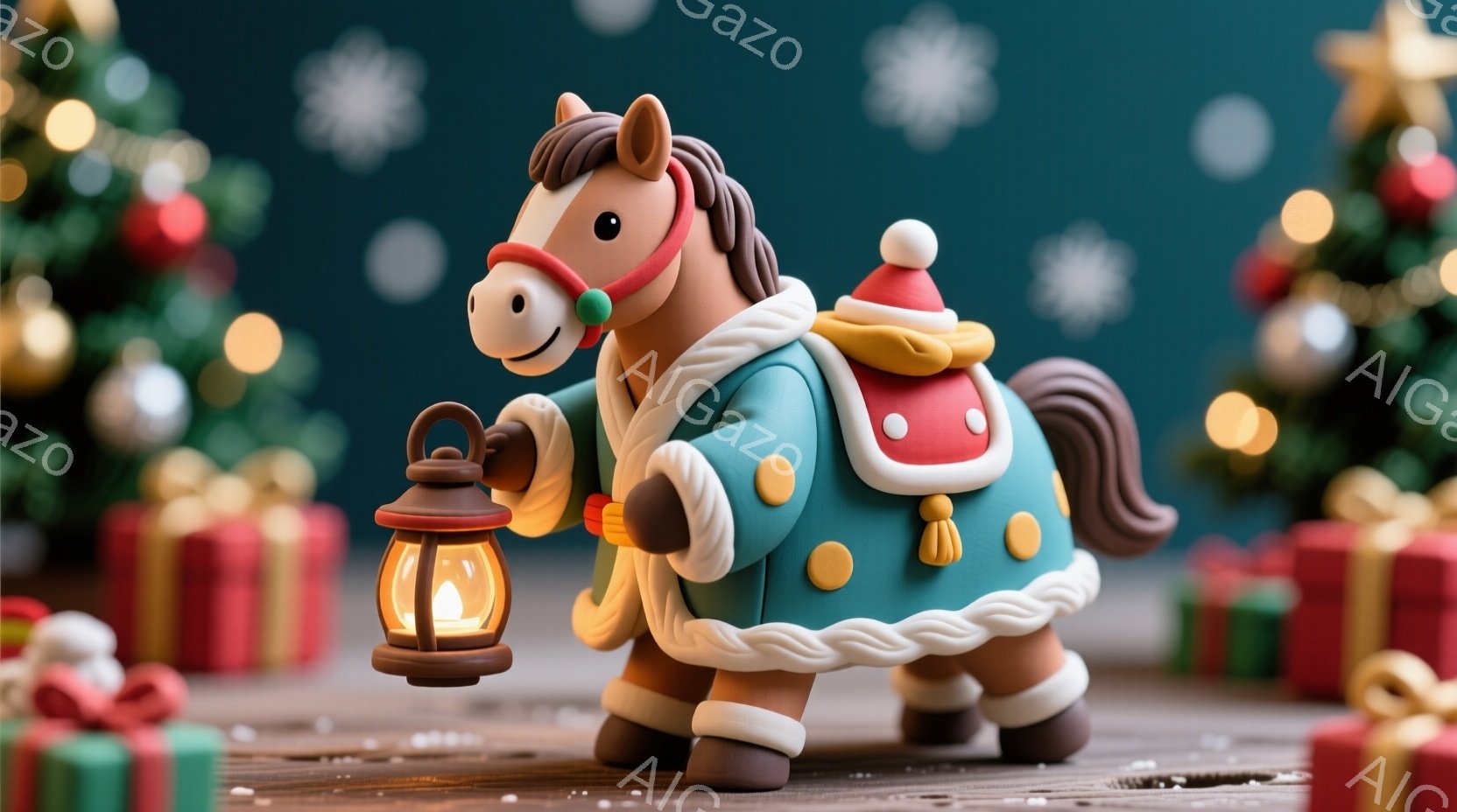 青緑色の衣装を着た可愛らしい馬のフィギュアを描いています。馬は、白い縁取りのある青いコート、クリーム色のズボン、赤い帽子を身に着け、片手に提灯を持って立っており、表情は穏やかです。背景には、プレゼント - AI生成フリー素材