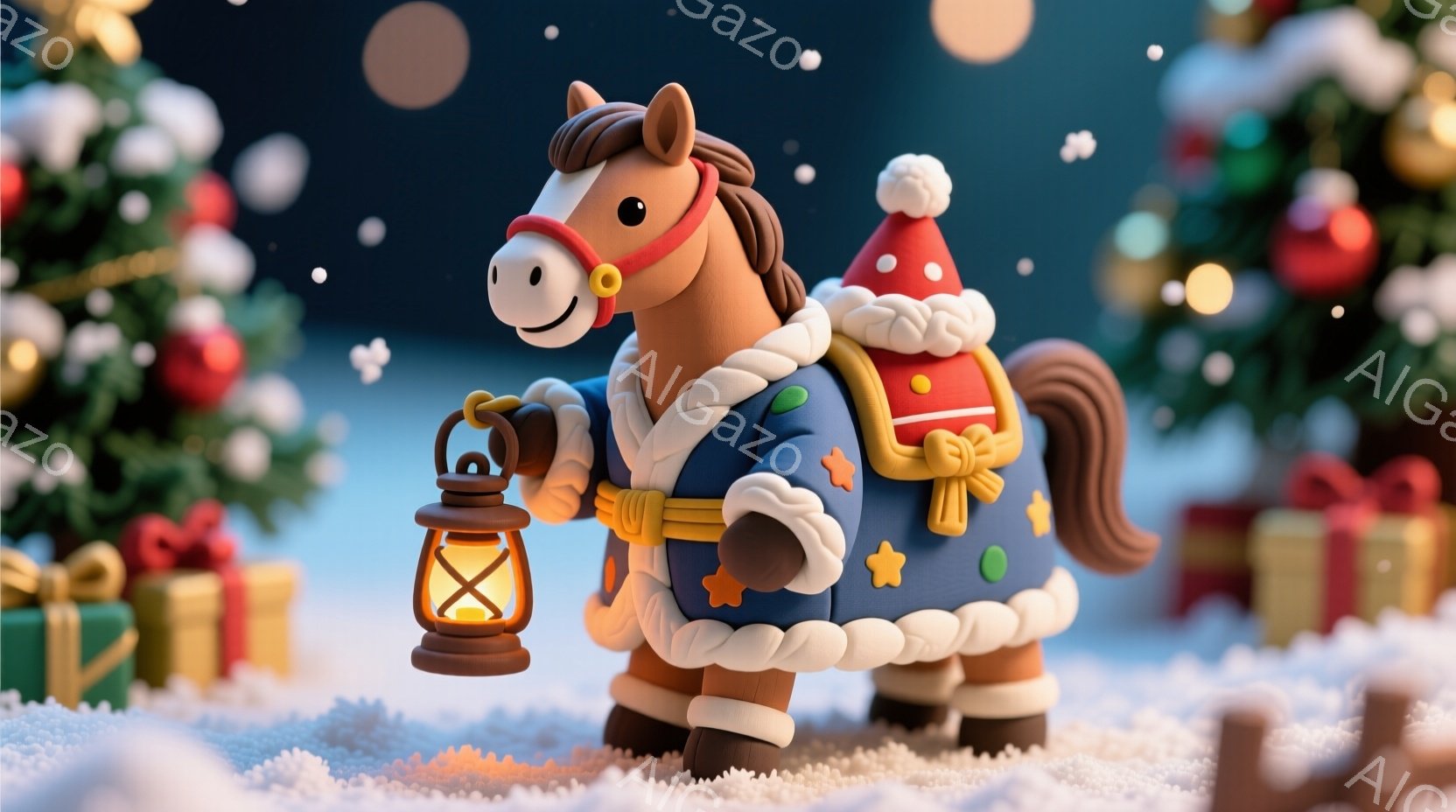 これは、クリスマスの飾りとプレゼントに囲まれた、かわいらしい粘土製の馬の画像です。馬はサンタクロースの帽子をかぶり、青いトリムの茶色のコートと、星の模様が入ったバッグを背負っています。背景には、キラキ - AI生成フリー素材