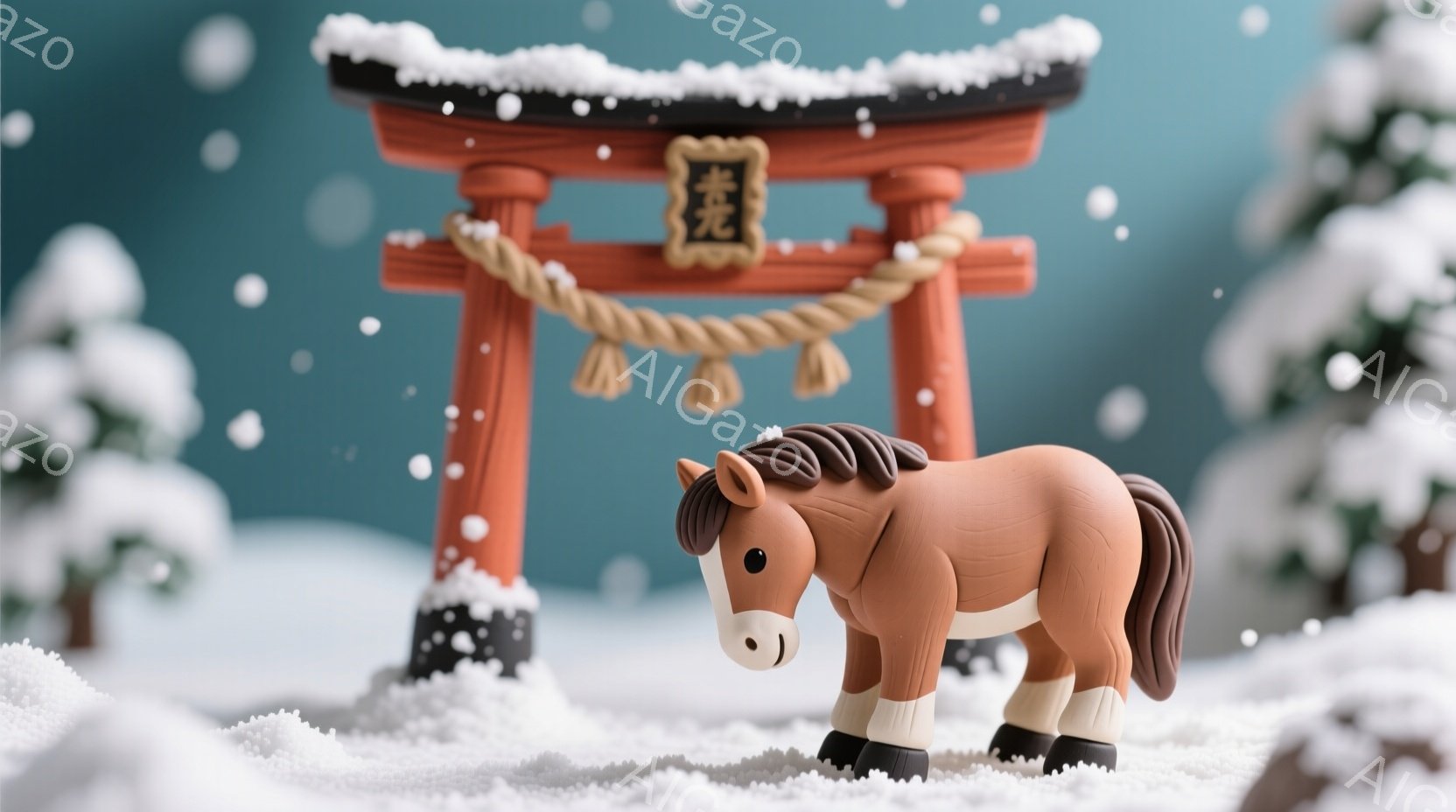 茶色い馬が雪景色の中に立っている。背景には雪をかぶった赤い鳥居があり、冬の静寂と厳かさを感じさせる。全体的に暖色系の色調で、穏やかで心安らぐ雰囲気が漂っている。 - AI生成フリー素材