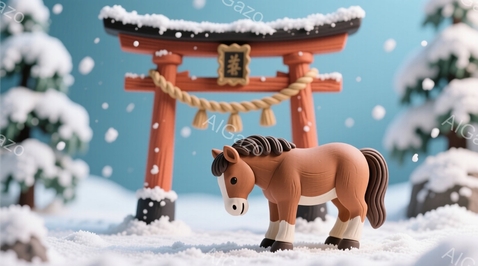 雪景色の中に、茶色い馬が一頭立っています。背景には赤い鳥居があり、雪で覆われた木々が風景を彩っています。全体的に、静かで穏やかな冬の雰囲気が漂っています。 - AI生成フリー素材
