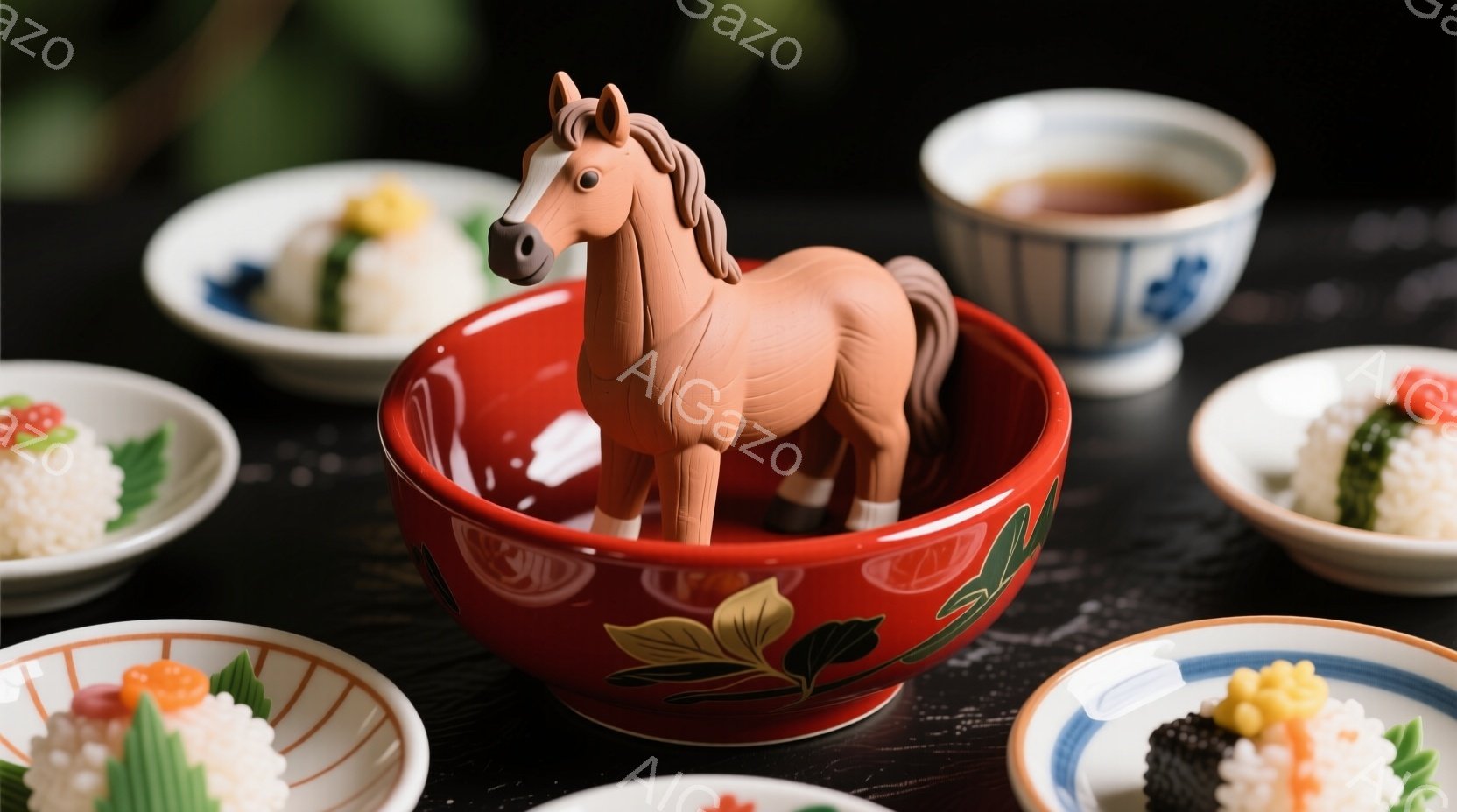 深紅色の器の中に、可愛らしい茶色の馬の置物が立っている。器の周りには、様々な具材を乗せた小さなおにぎりが並べられており、奥には湯呑みが置かれている。全体的に落ち着いた色調で、日本の伝統的な雰囲気が漂う - AI生成フリー素材