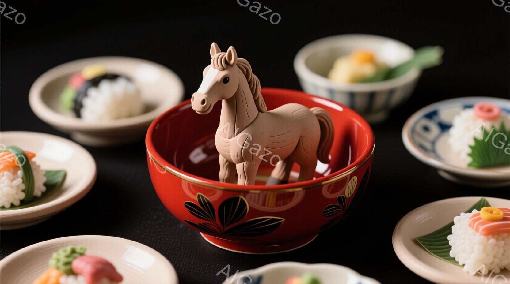深紅色のボウルの中に、小さな木製の馬が置かれています。ボウルは金色の縁取りと緑の葉模様が描かれており、周囲には様々な具材を乗せた小さなお皿が配置されています。全体的に、日本の伝統的な食文化と可愛らしい装飾が組み合わさった、趣のある雰囲気が漂っています。