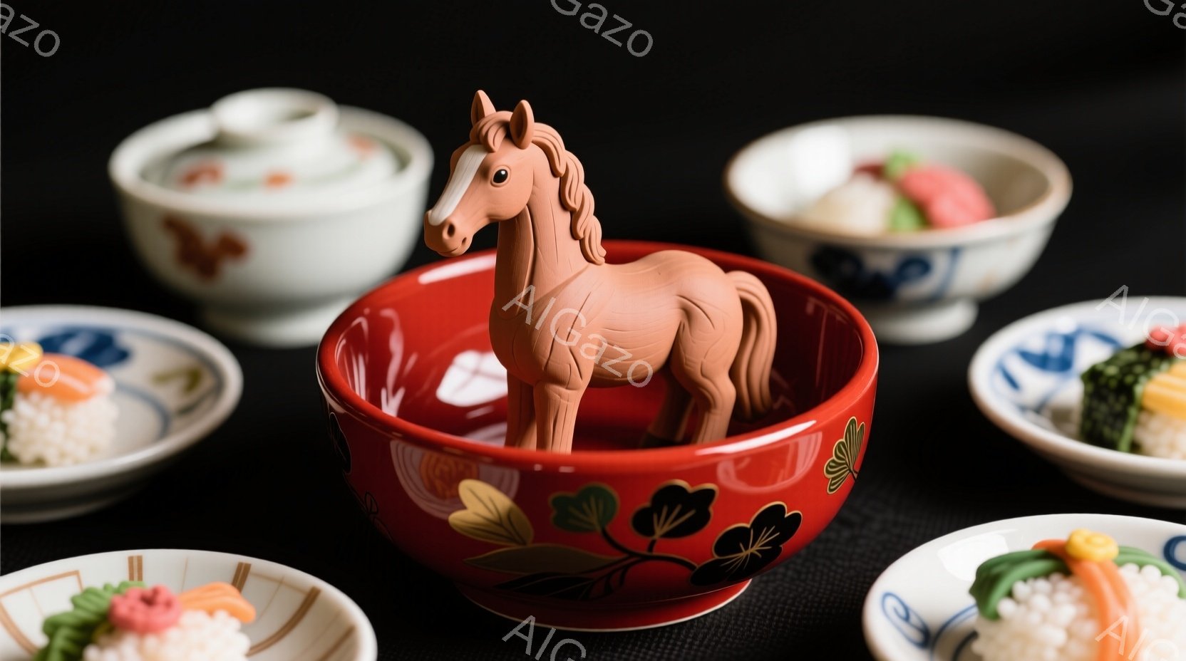 深紅色の絵柄が描かれた器の中に、茶色の陶器製の馬の置物が立っている。周囲には、盛り付けられた寿司が乗った白い器が数個配置されており、黒い背景が全体を引き締めている。和やかな雰囲気で、お祝い事や特別な日 - AI生成フリー素材
