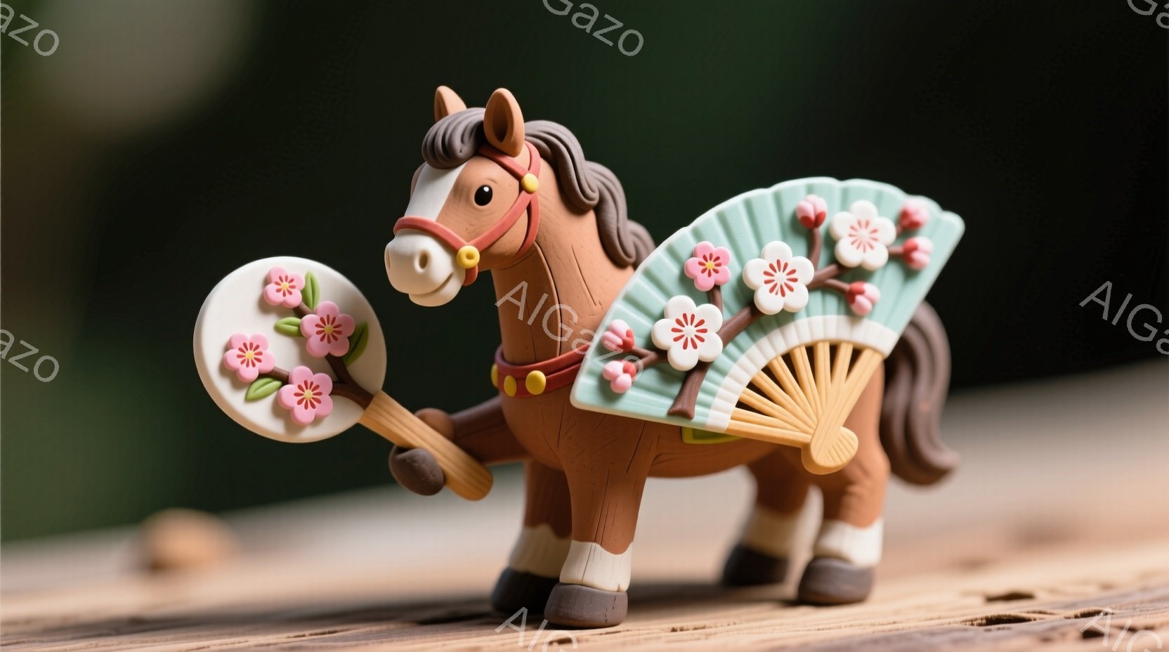 茶色の小さな馬のおもちゃが、木製の台の上に立っています。赤い帯で飾られ、片手に水色の扇子を持っており、扇子にはピンクの花が描かれています。背景は緑色のぼかしで、全体的に温かく、可愛らしい雰囲気です。 - AI生成フリー素材