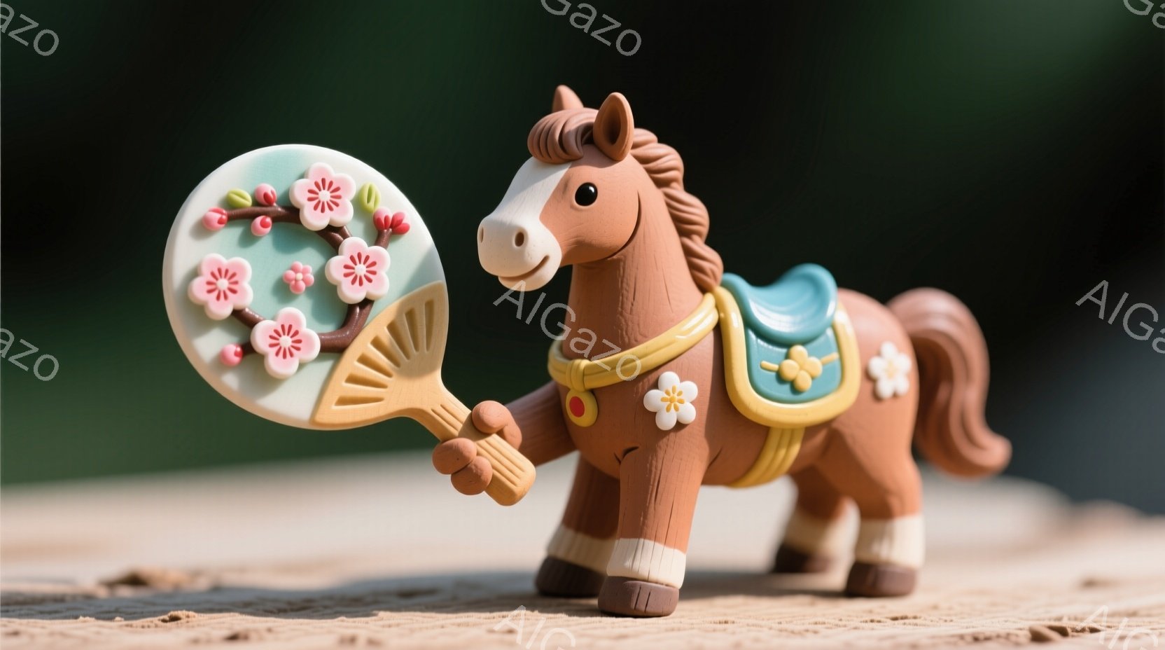 陶器のような茶色の馬が、片手に扇子を持っています。馬は装飾された鞍と轡を身につけ、穏やかな表情で、まるで祭りのパレードに参加しているかのようです。背景はぼやけていますが、木製の床のようなものが確認でき、全体的に暖かく、楽しげな雰囲気を醸し出しています。