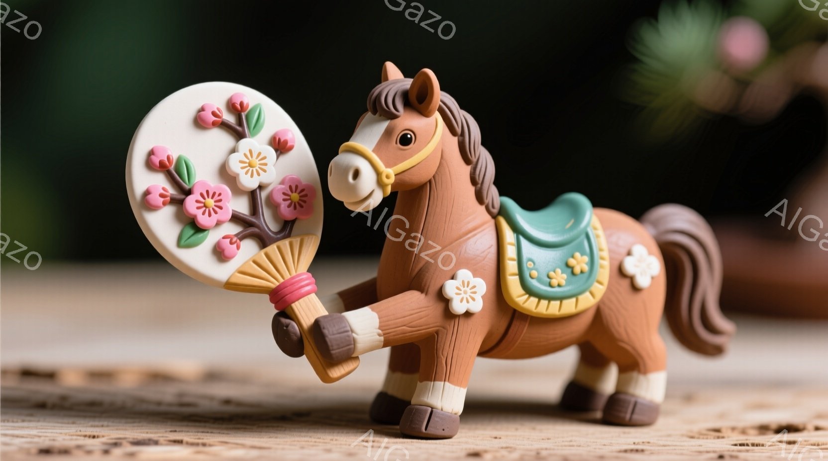 茶色の可愛らしい馬の置物です。馬は黄土色の鞍を背負い、片方の前足を持ち上げており、手にピンクと白の花が咲いた扇子を持っています。背景にはぼやけた自然が見え、暖かく穏やかな雰囲気です。 - AI生成フリー素材