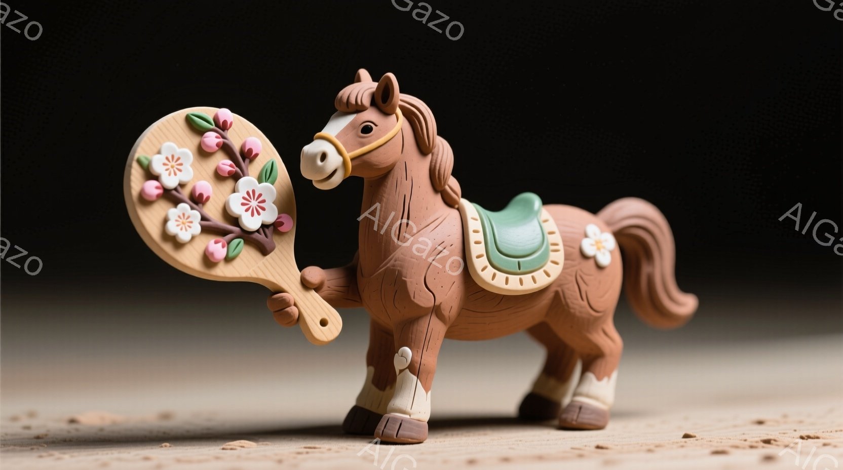 茶色い陶器で作られた馬のおもちゃが描かれています。馬は白い模様があり、鞍を背中に乗せ、片方の前足で小さな扇子を持っています。背景は柔らかいベージュ色の表面で、全体的に温かく、遊び心のある雰囲気が漂っています。