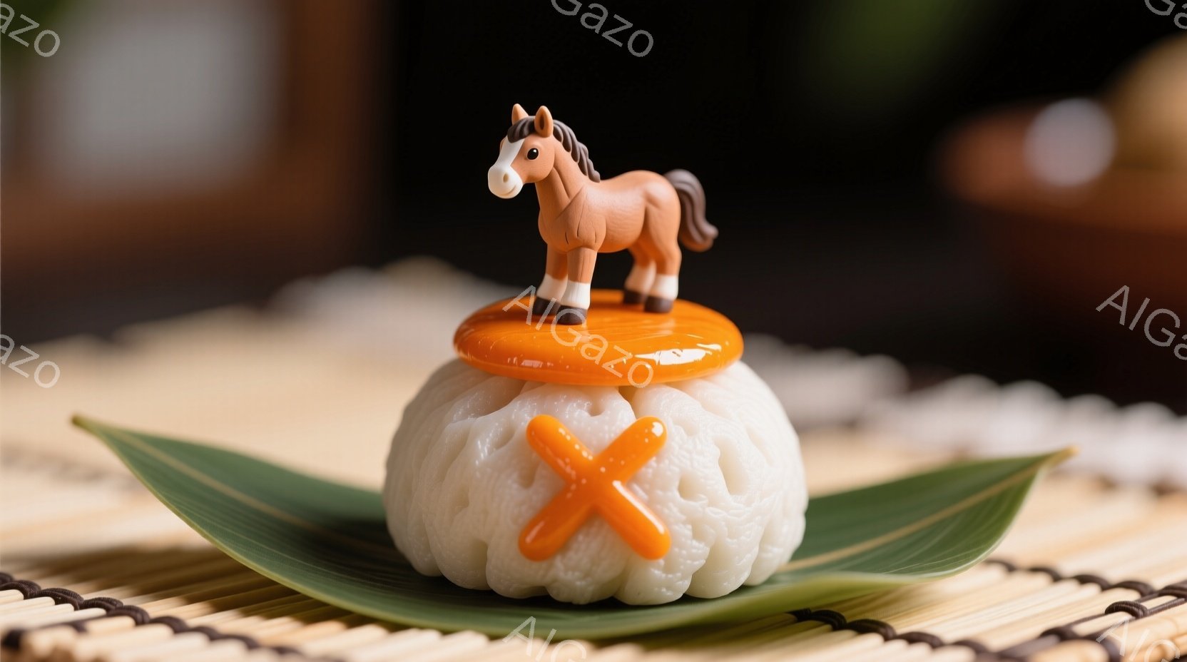 白い団子の上にオレンジ色の小さな馬の置物が乗っており、団子にはオレンジ色の「X」のマークが描かれています。緑色の葉の上に団子が置かれ、背景には竹編みのマットとぼやけた背景が見えます。全体的に、可愛らしく、お祭りや特別な機会を連想させる雰囲気です。
