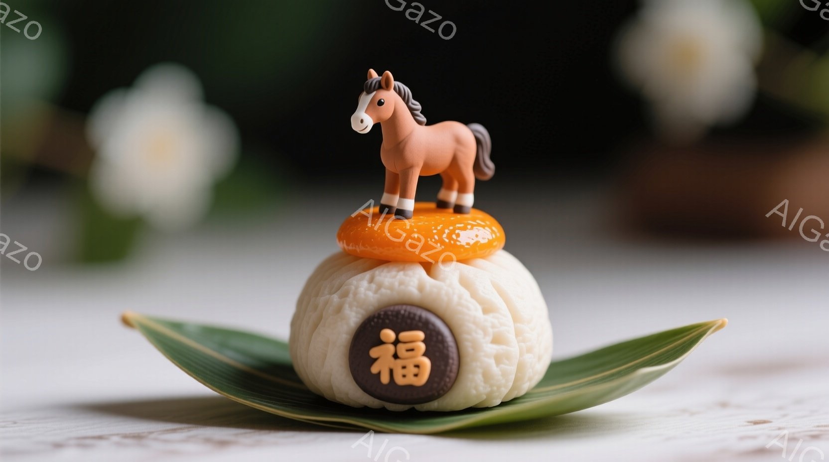 白いテーブルの上に、緑色の葉の上に置かれた白いふわふわのパンが写っています。そのパンの上にはオレンジ色のものが乗っており、さらにその上に小さな馬の置物が立っています。パンには「福」という漢字が書かれた - AI生成フリー素材