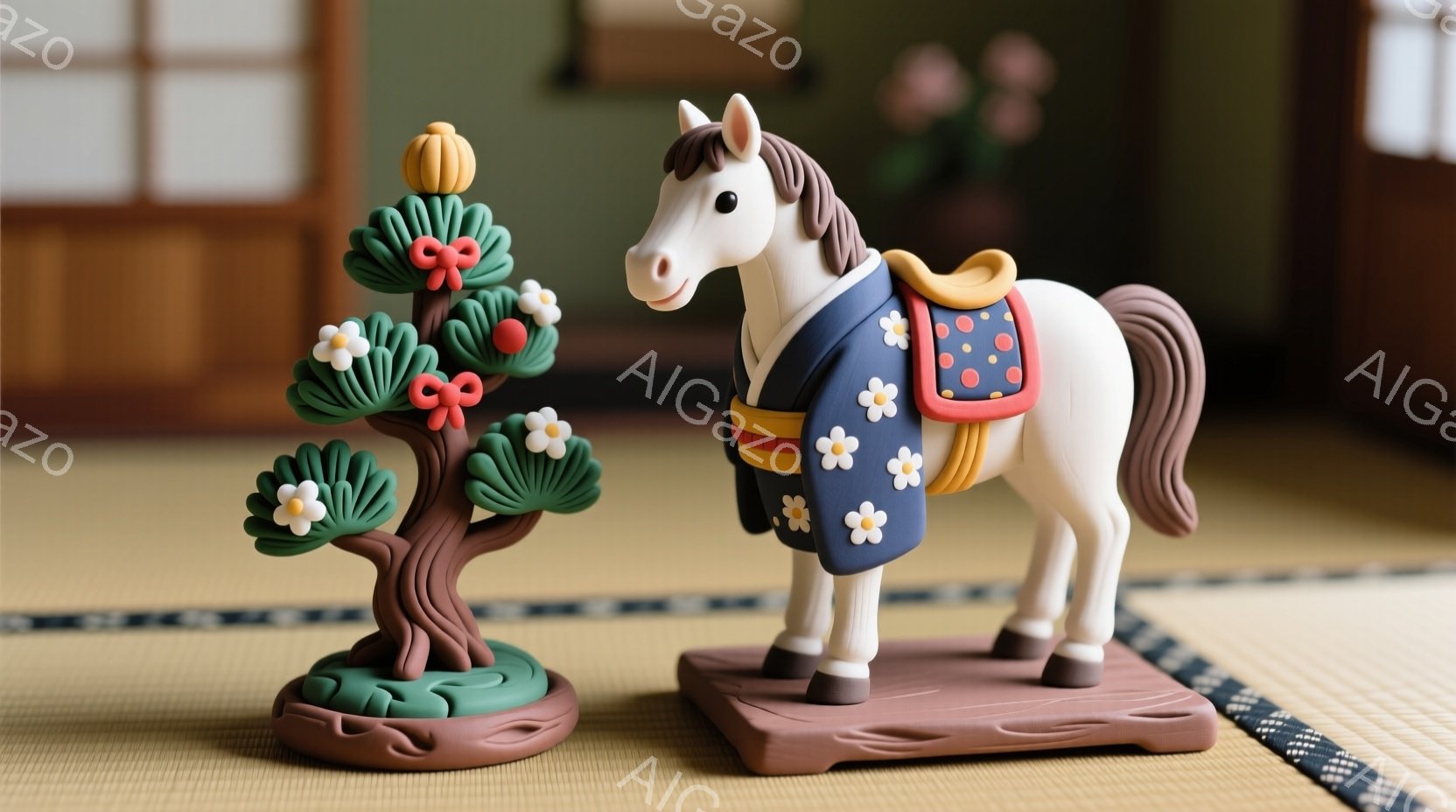 白い馬の置物が、畳の上に飾られています。馬は、青と赤の模様が入った美しい衣装を身につけ、背中には同じ柄の鞍が載っています。背景には、赤い実をつけた木が一つあり、畳の茶色の背景と相まって、落ち着いた和の雰囲気を醸し出しています。