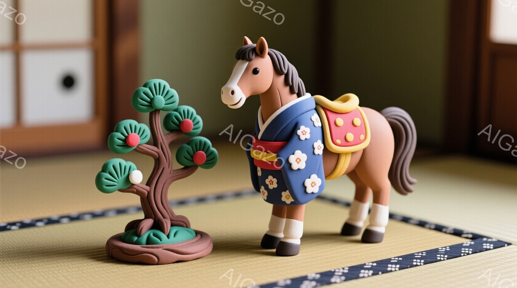 藁人形のような茶色の馬が、伝統的な模様の藍色の着物を着て立っています。背景には畳と障子があり、その横には赤い実がなった小さな木が配置され、日本の伝統的な雰囲気が漂っています。全体的に、暖かく、可愛らし - AI生成フリー素材
