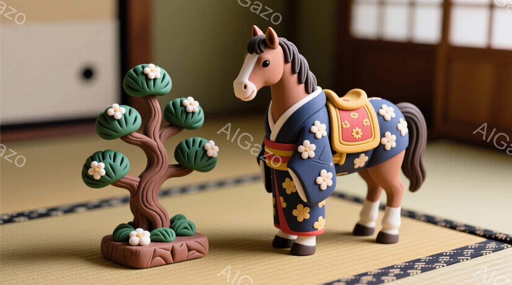 畳の上に、着飾った馬の置物と、桜の木の置物が並んでいます。馬は濃い青色の着物のような衣装を身につけ、白と赤の模様の足袋を履いています。背景は薄暗い部屋で、日本の伝統的な雰囲気が漂っています。