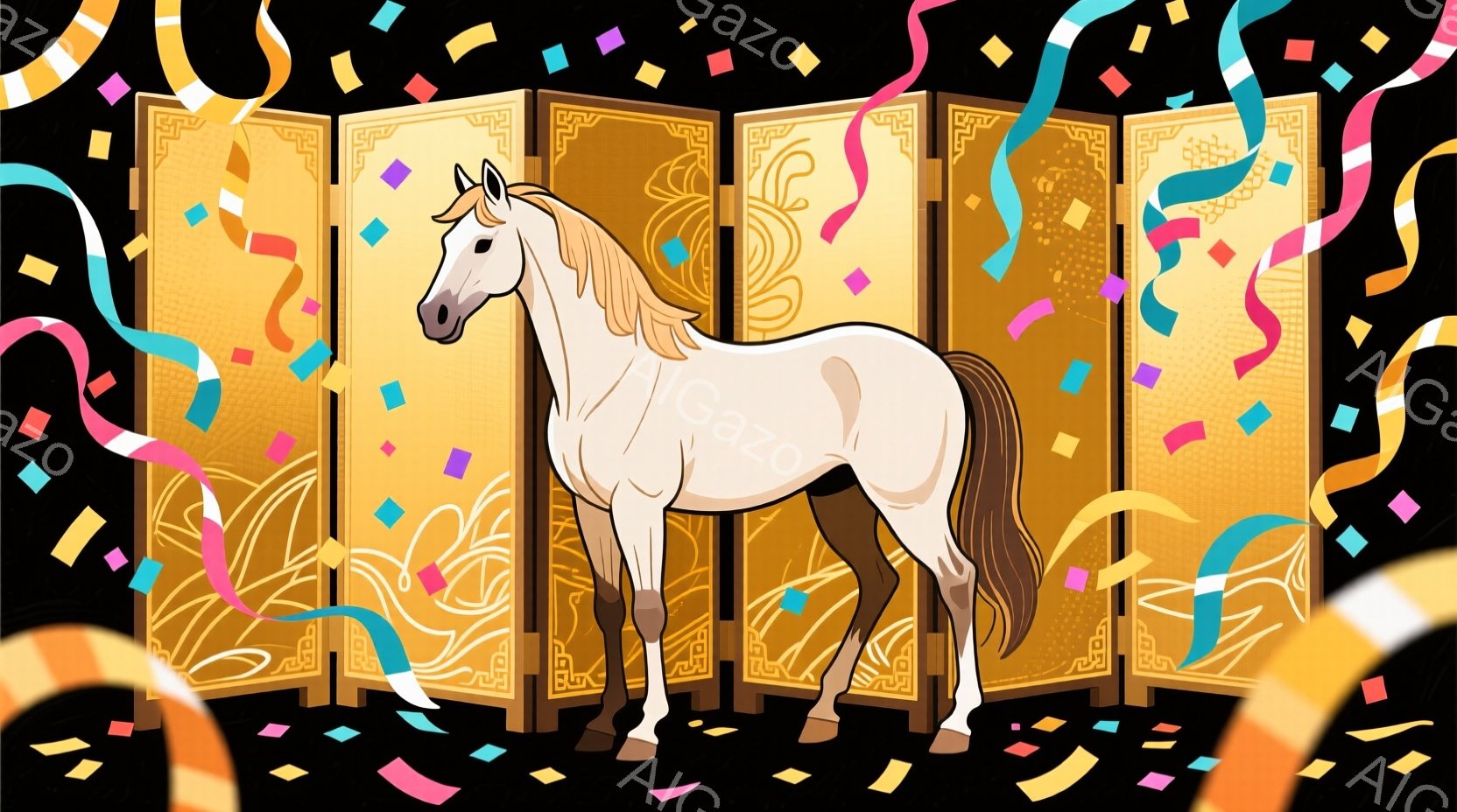白い馬が、金色の模様が施された屏風の前で静止しています。馬は堂々とした姿勢で、光沢のある毛並みが特徴的です。背景にはカラフルな紙吹雪が舞い散り、お祝いや華やかな雰囲気を演出しています。
