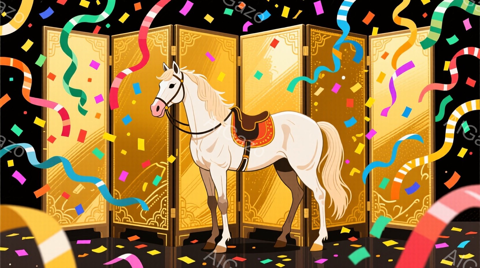 白い馬が、金色の模様が施された屏風を背景に立っている。馬には赤い鞍が乗っており、静かに、しかし堂々と正面を見据えている。背景は黒く、まるで舞台のようであり、華やかでドラマチックな雰囲気を醸し出している - AI生成フリー素材