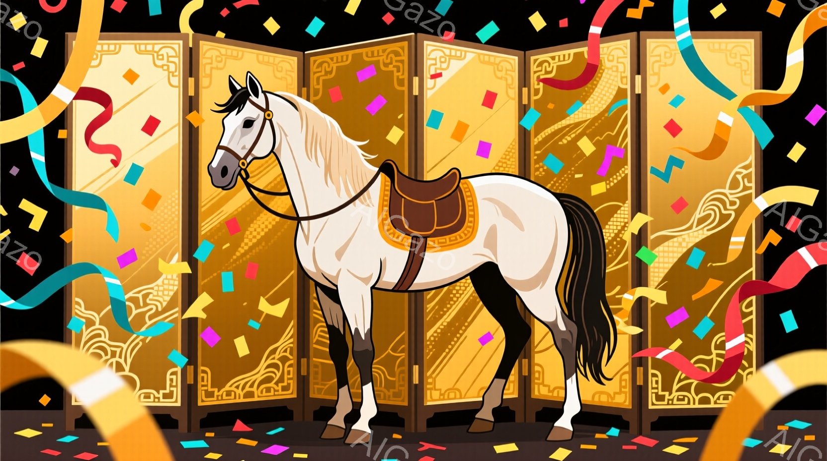 白い馬が、金色の背景と装飾的な屏風の前で静止している。馬は鞍を背負っており、穏やかで堂々とした姿勢を見せている。背景にはカラフルな紙吹雪が舞い、お祝いや華やかな雰囲気を演出している。 - AI生成フリー素材