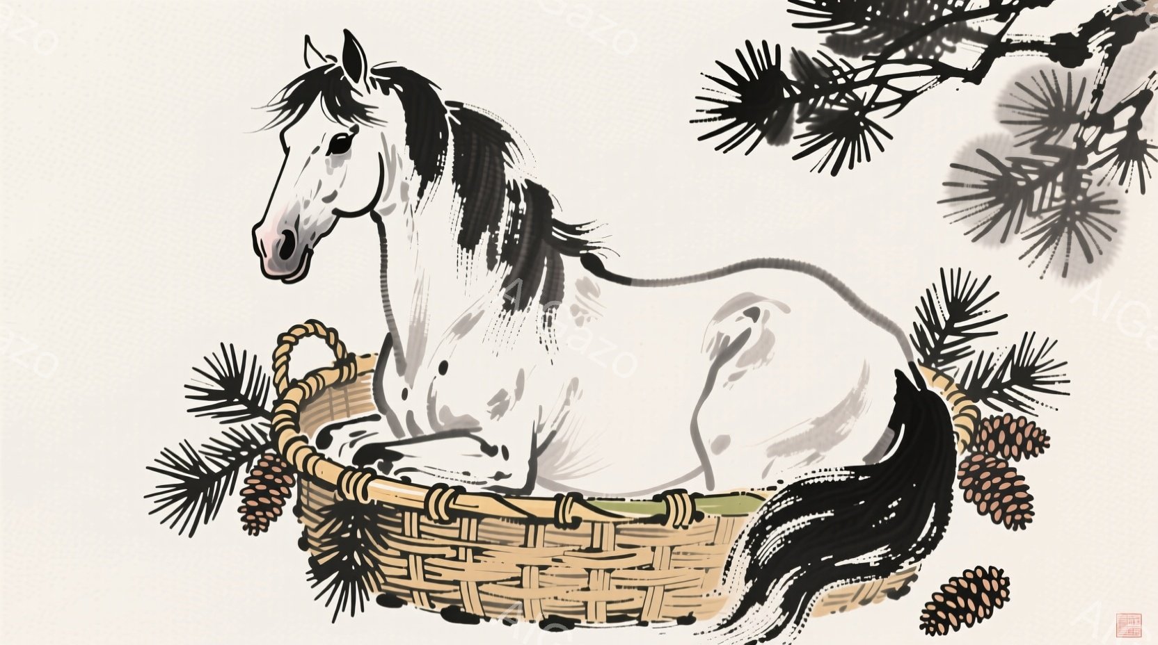白い馬が編まれた籠の中に横たわっており、黒い尾が籠の外に出ている様子が描かれている。背景には、松の葉と松ぼっくりが配置され、水墨画のような繊細なタッチで全体が表現されている。優雅で静謐な雰囲気が漂い、自然との調和を感じさせる作品である。