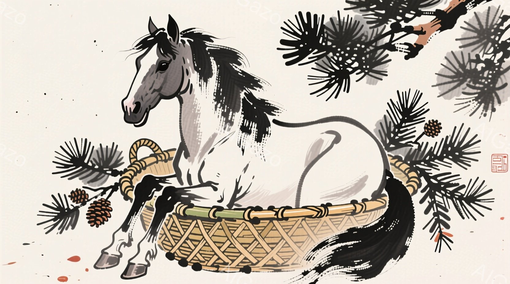白い馬が竹編みの籠の中に描かれており、その周りには松の葉と松ぼっくりが配置されている。馬はやや前傾した姿勢で、右前足を少し上げている。背景は淡い色調で、墨絵のようなタッチで描かれており、全体的に自然の中で静かに過ごす馬の穏やかな雰囲気が感じられる。