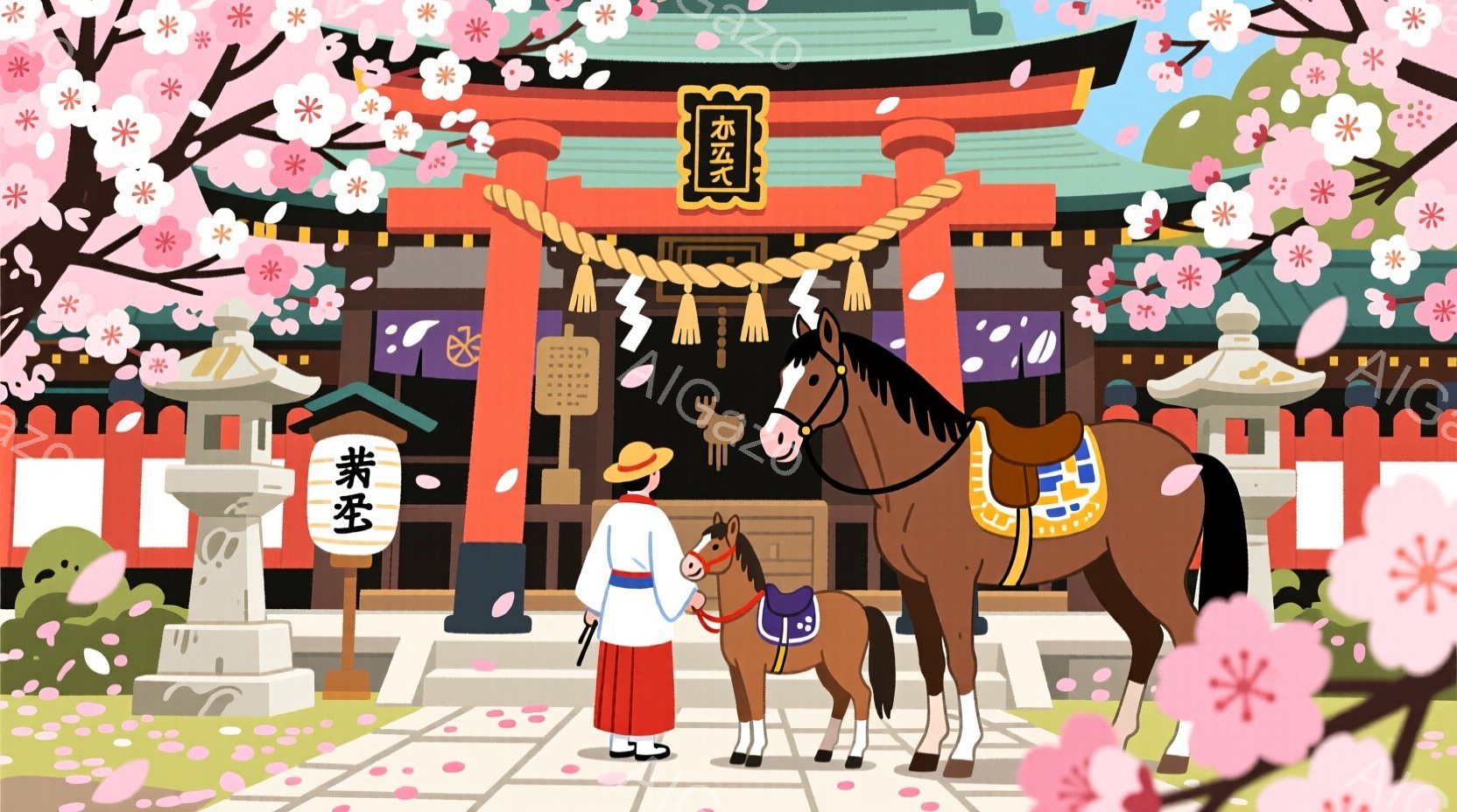 鮮やかな朱色の神社と、桜の花びらが舞う春の風景が描かれています。一人の男性が、白い着物と赤い帯を身につけ、帽子をかぶり、神社の前に馬と共に立っています。背景には、美しい屋根の神社と、桜並木が広がり、穏 - AI生成フリー素材
