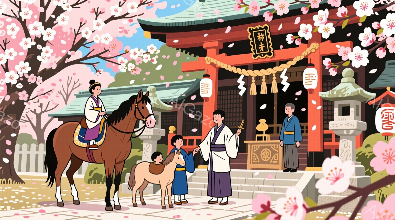 桜の花びらが舞う中で、着物姿の人物たちが描かれている。一人の女性は馬に乗り、別の女性と二人の子供が、神社の前に並んでいる。背景には伝統的な建物と、春の暖かさを感じさせる穏やかな空気が漂っている。 - AI生成フリー素材
