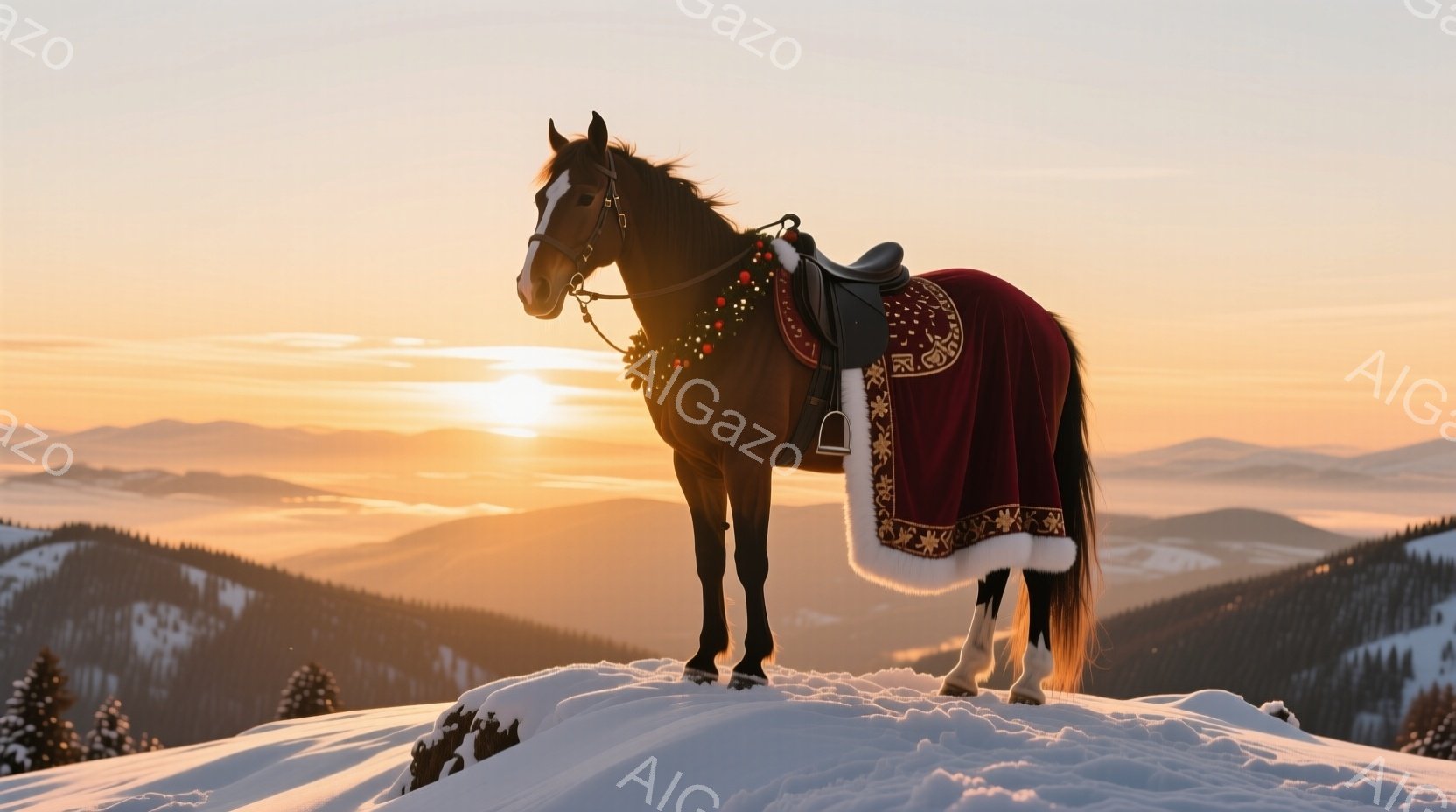 雪を冠した山の頂上に、装飾を施された馬が一頭立っている。黒い毛並みに、赤い毛皮のような布と緑の飾り付けが施され、鞍も装着されている。背景には、霧のかかった山々が広がり、夕焼けのような暖かな光が差し込み、荘厳で幻想的な雰囲気を醸し出している。