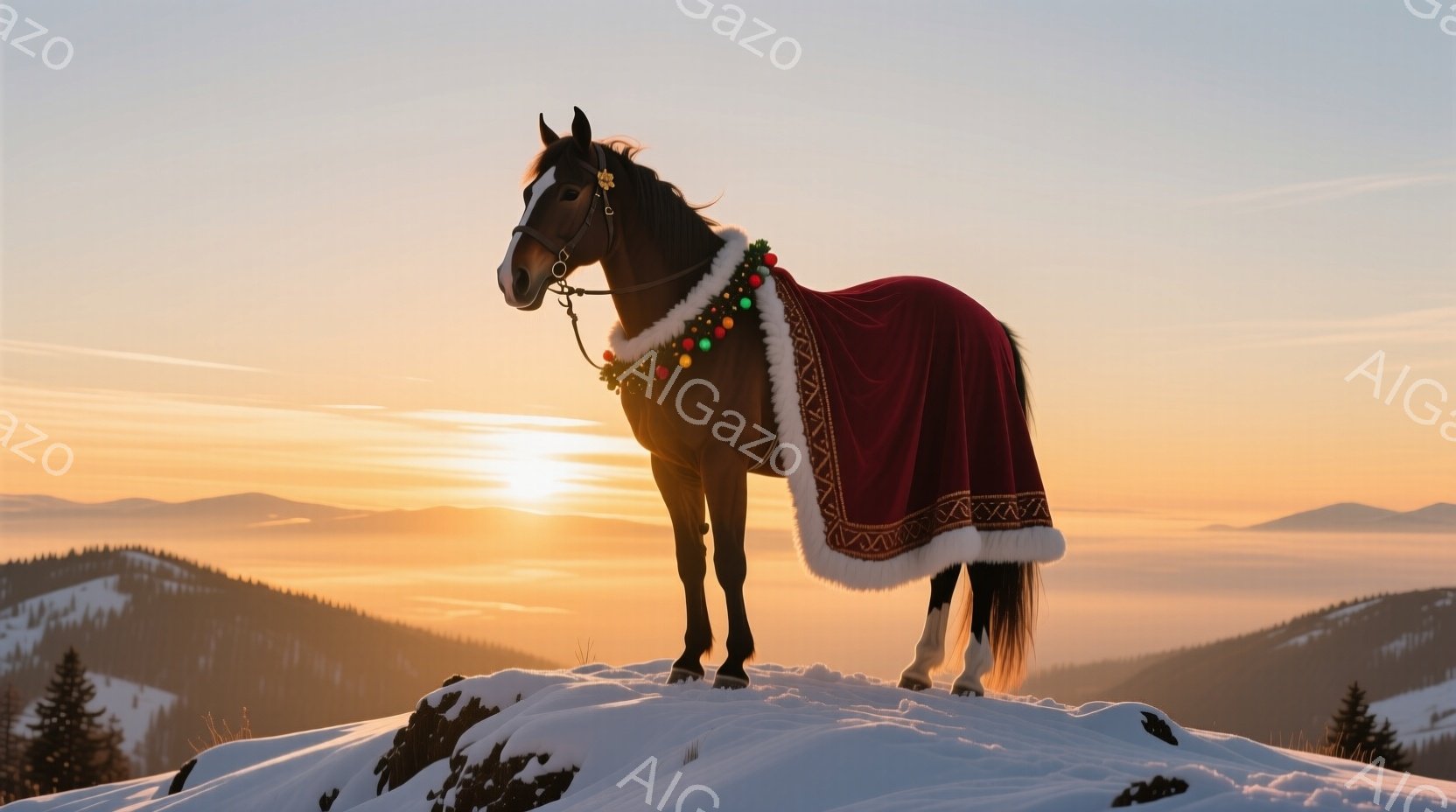 白い雪の上に立つ、黒い馬が描かれています。赤いクリスマス装飾のケープを羽織っており、まるで冬の王様のような風格です。背景には、夕焼けに照らされた山々と霧に包まれた風景が広がり、神聖で幻想的な雰囲気を醸 - AI生成フリー素材