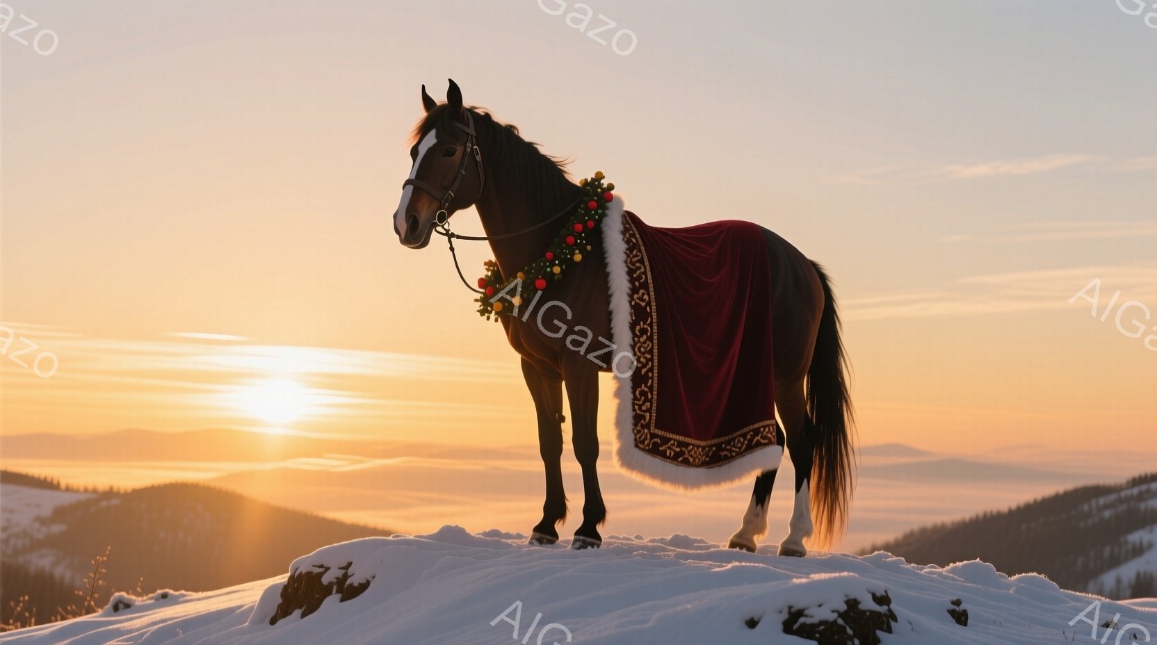 黒い馬が雪に覆われた丘の上に立っており、赤い縁取りのある白い毛皮の襟付きの赤いケープを羽織っています。背景には、夕日のように見える暖かいオレンジ色の空と、遠くに見える雪を頂いた山々が広がっています。穏 - AI生成フリー素材