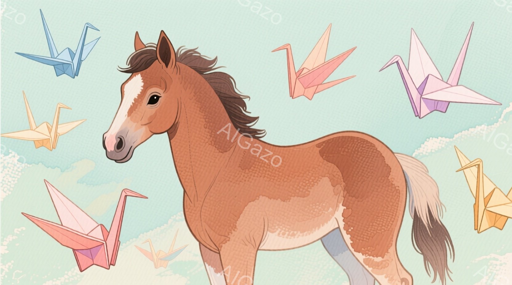 赤茶色の馬が、淡い水色の背景の中に描かれています。馬は左を向き、少し首を伸ばした姿勢で、穏やかで落ち着いた表情をしています。背景には、様々な色の折り紙の鶴が舞っており、幻想的で平和な雰囲気を醸し出して - AI生成フリー素材